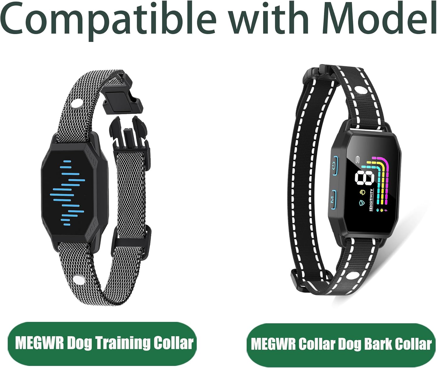 Two types of MEGWR dog collars, indicating compatibility with the charger.