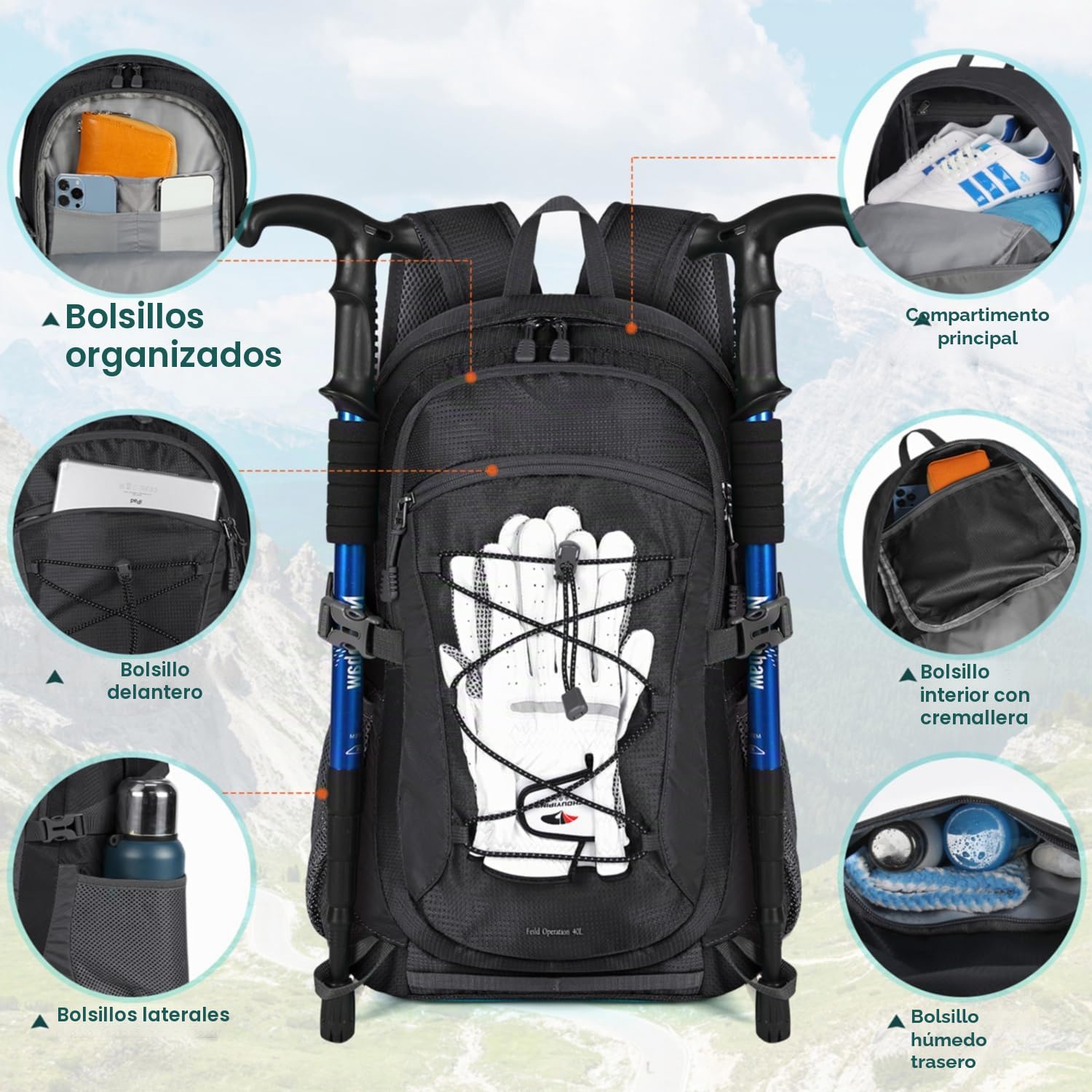 RAINSMORE Mochila Senderismo 40 Litros Mochila de Viaje para Hombre Mujer Mochila Impermeable Plegable Ligera Mochilas de Marcha para Camping Excursiones Acampadas Montaña al aire libre