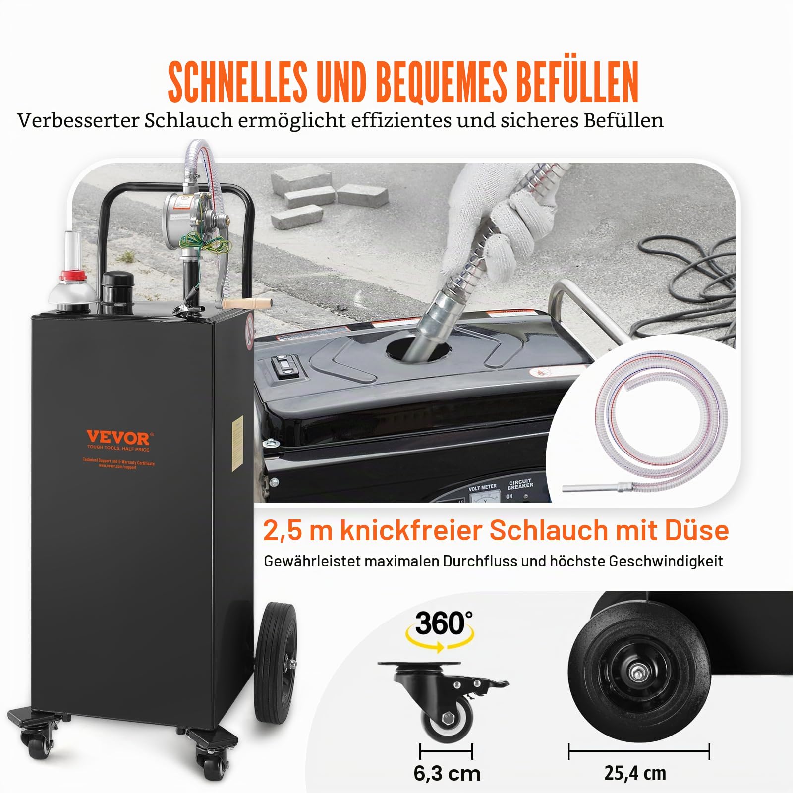 VEVOR 30-Gallonen-Kraftstofftrolley, Gaskraftstofftankbehälter 4 Räder, mit manueller Transferpumpe, Benzin-Diesel-Kraftstoffbehälter für Autos, Rasenmäher, Geländefahrzeuge, Boote usw., Schwarz