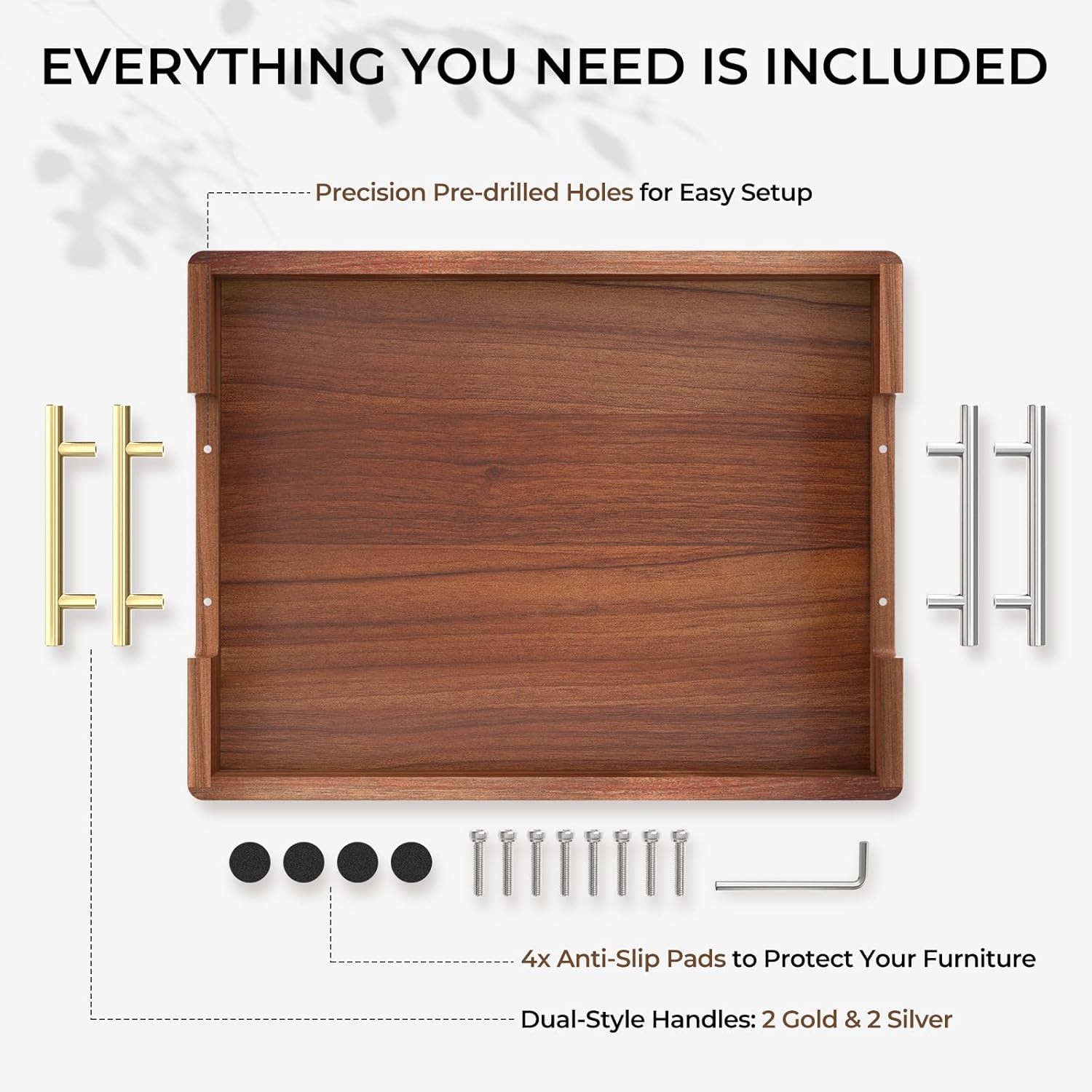 Acacia Wood Serving Tray with 2 Sets of Handles (Gold & Silver) - 17" Large Wooden Tray for Ottoman Coffee Table, Decorative Tray for Living Room & Kitchen - Solid Wood Table Topper