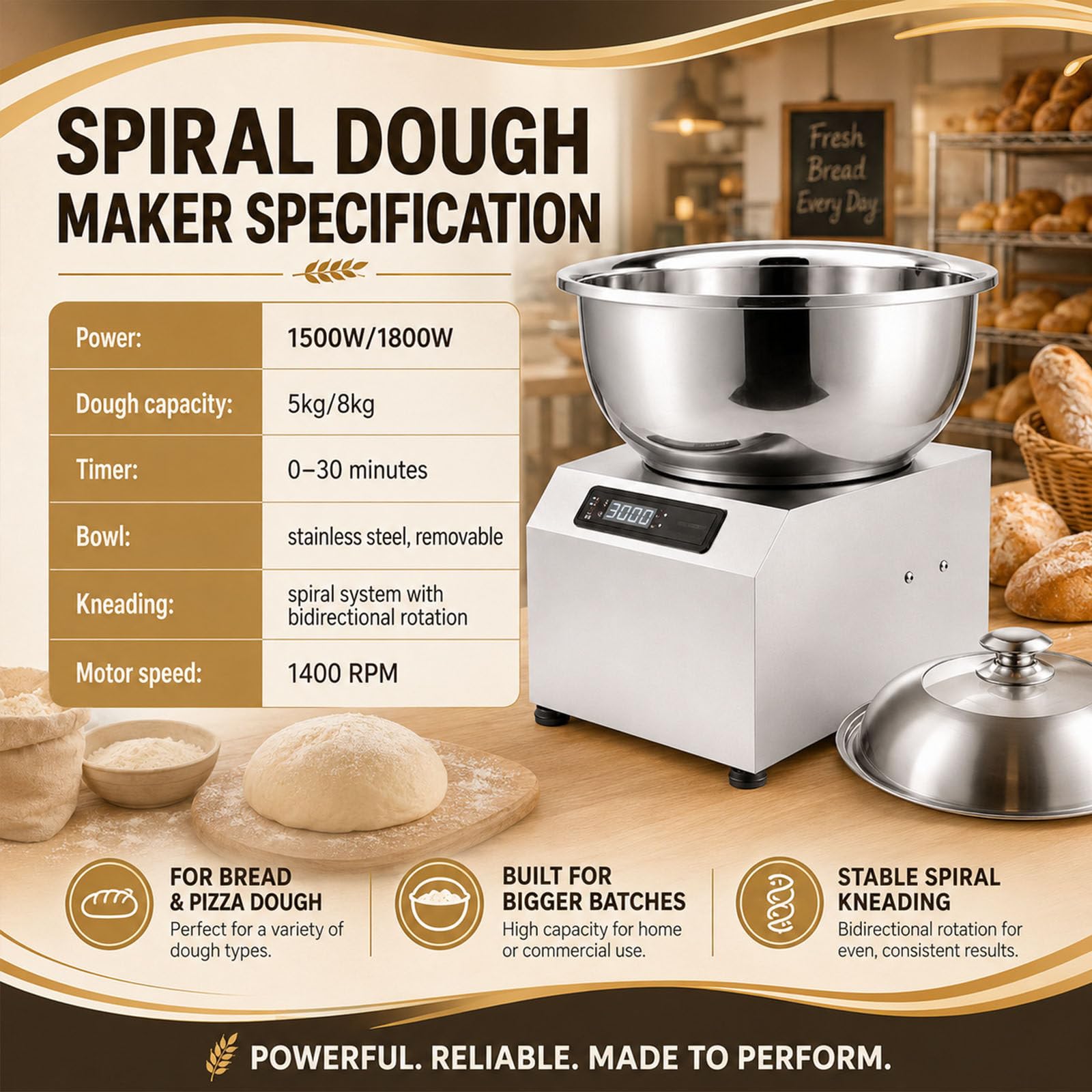 Impastatrice A Spirale Elettrica, Impastatrice Automatica 8kg