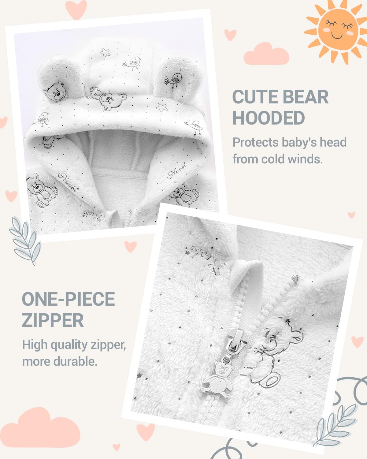 WYTbaby Traje de nieve para bebé de forro polar con capucha, mono para invierno, otoño, cálido, para niños y niñas, 0-12 meses