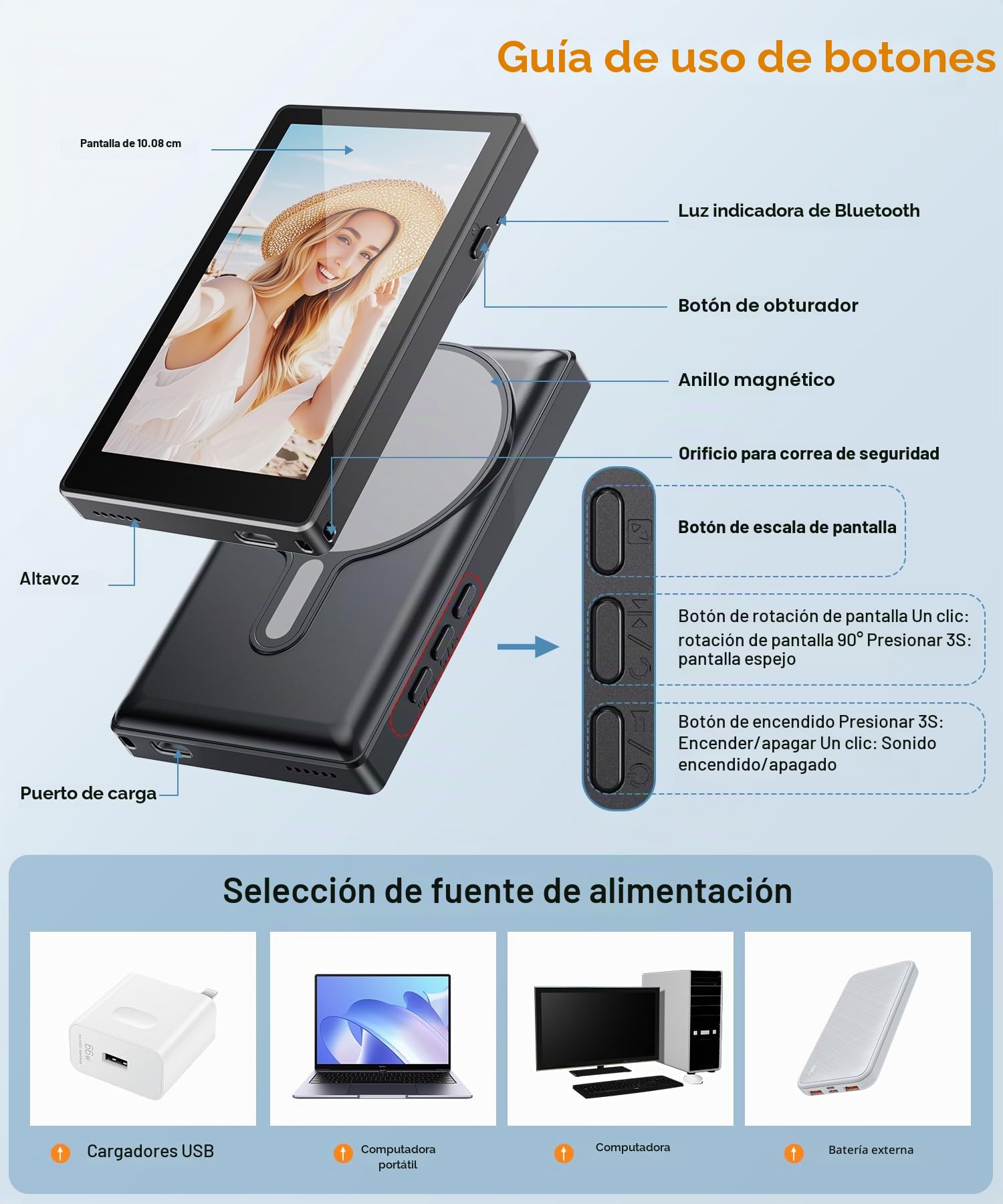 Monitor de teléfono para vlog y selfie, Axrye 1080P inalámbrico con cámara trasera de fijación magnética, altavoz incorporado y control remoto compatible con iOS, Android, YouTube, TikTok