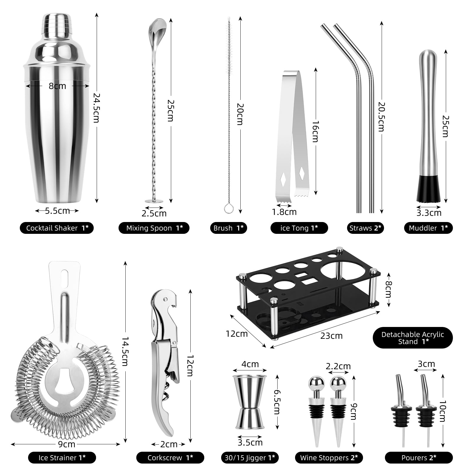 Cinnani Shaker Cocktail Set Professionale con Supporto,15 pezzi cocktail set kit in Acciaio Inox,Kit Cocktail 750ml,professionale barman set,Cocktail Shaker Set