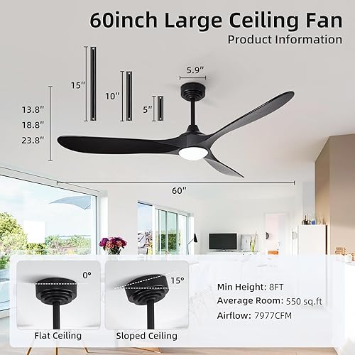 Miniatura 6 de Ventilador de techo para exteriores de 60 pulgadas con 3 varillas descendentes, ventilador de techo inteligente de madera compatible con