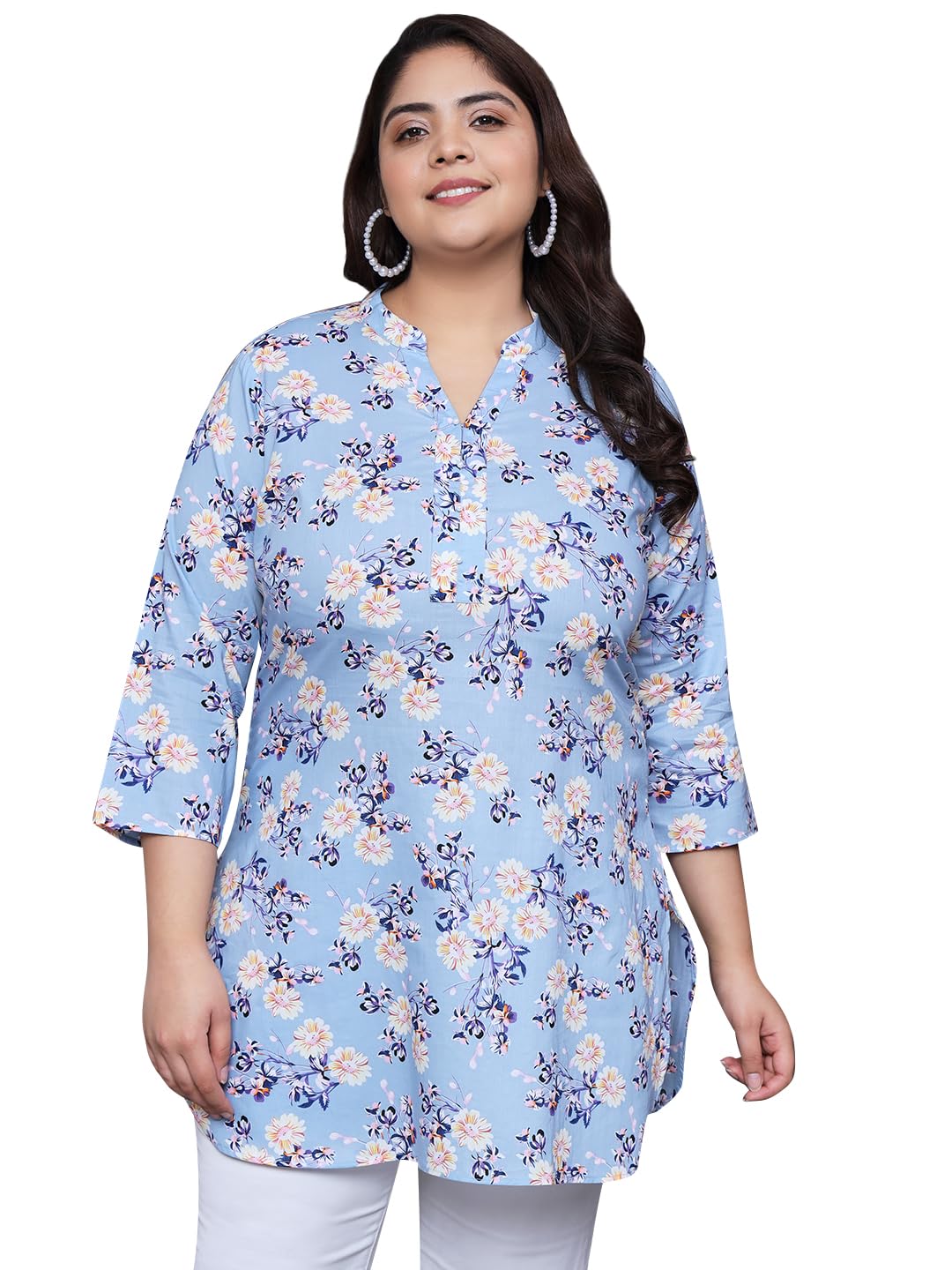 Tissu Women's Plus Size Sky Blue Floral Printed Pure Cotton Kurti (2257_Blue_3Xl)