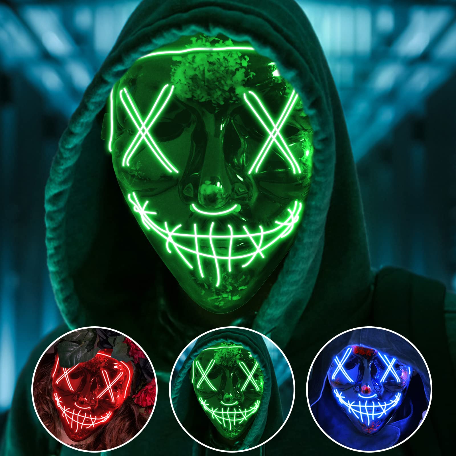 Jsdoin Halloween Masks, Scary LED Purge Mask, Light up Mask Cosplay, LED Rave Face Mask Costume 3 Lighting Modes