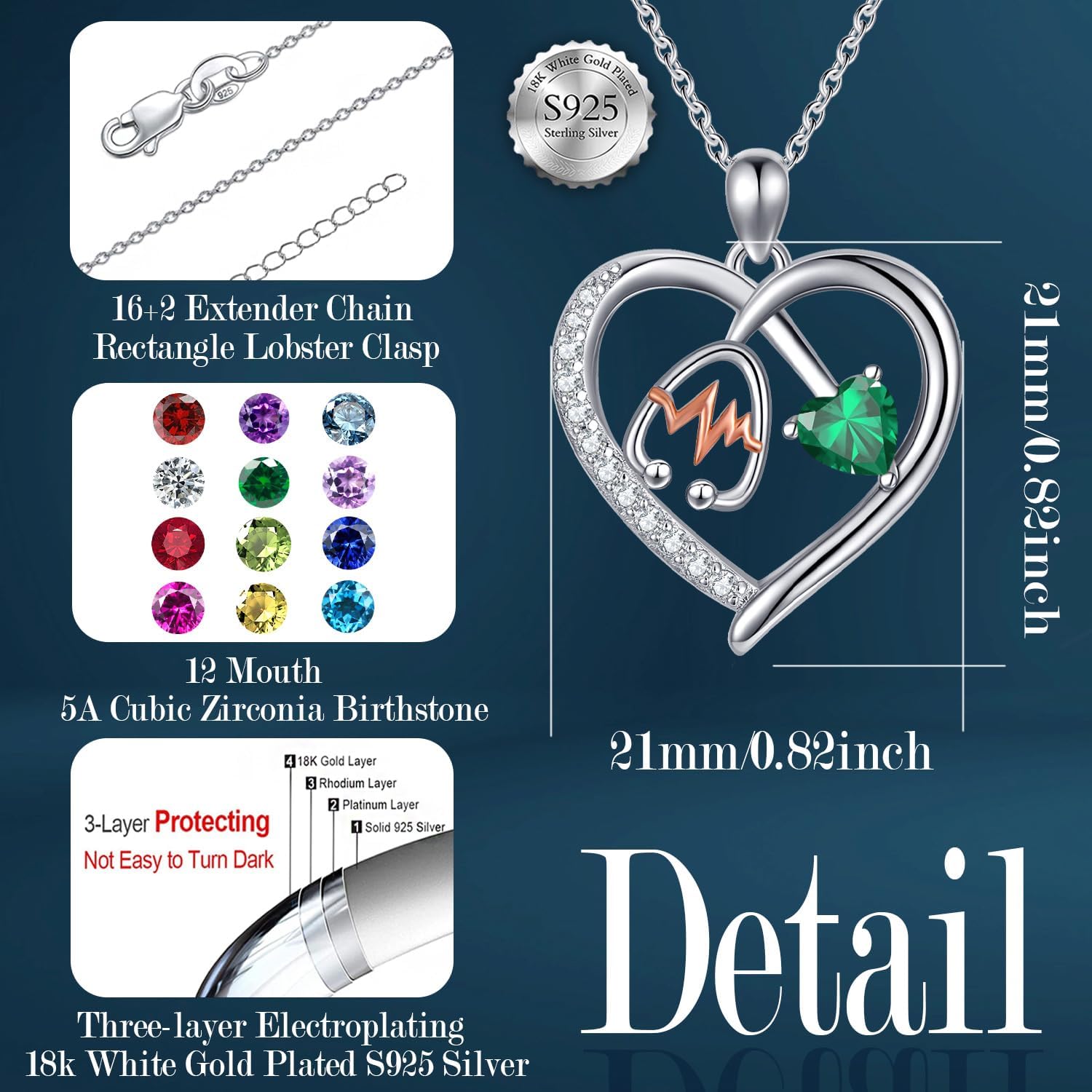 Heart Stethoscope Pendant Necklace for Women 925 Sterling Silver Gemstone Birthstone Doctor Nurse Day Medical Jewelry RN Registered Graduation Retirement Gifts - Image 4