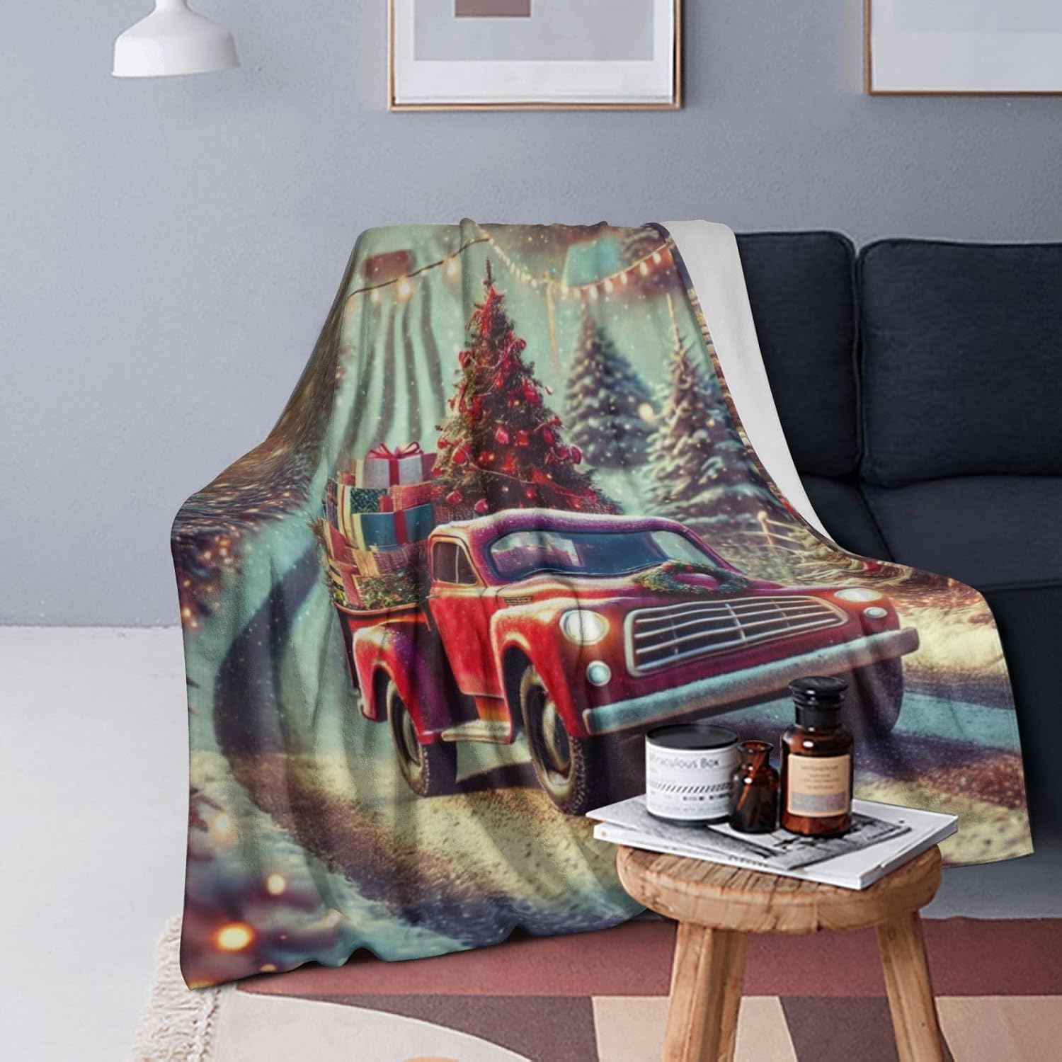 Christmas Throw Blanket Rustic Red Truck Blankets Farm Truck with Fannel Quilt Warm Cozy Gifts for Adult Women for Couch Living Room Bed Decor 40"x50"