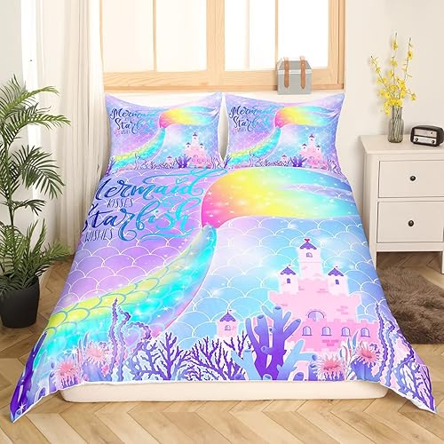 Miniatura 2 de Castle Fairy Juego de funda de edredón de cola de pez de sirena, tamaño Queen, juego de ropa de cama de escamas de sirena de acuarela arcoíris, 3