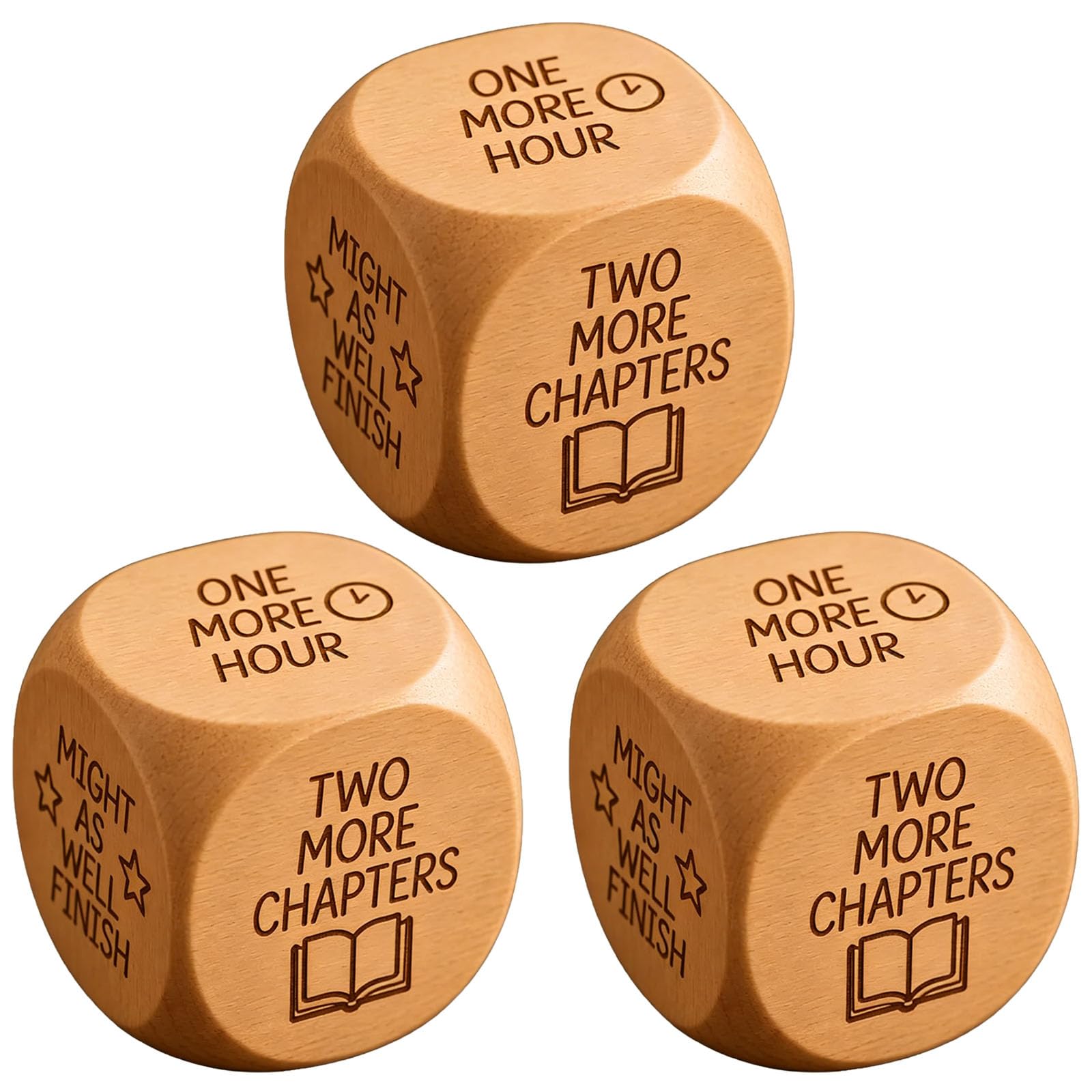 Wooden Reading Decision Dice for Book Lovers, Reading Challenge Dice with 6 Engraved Prompts, Fun Book Club Play, Bookshelf Decor, Funny Gift for Reader & Teachers & Librarians (3Pcs)