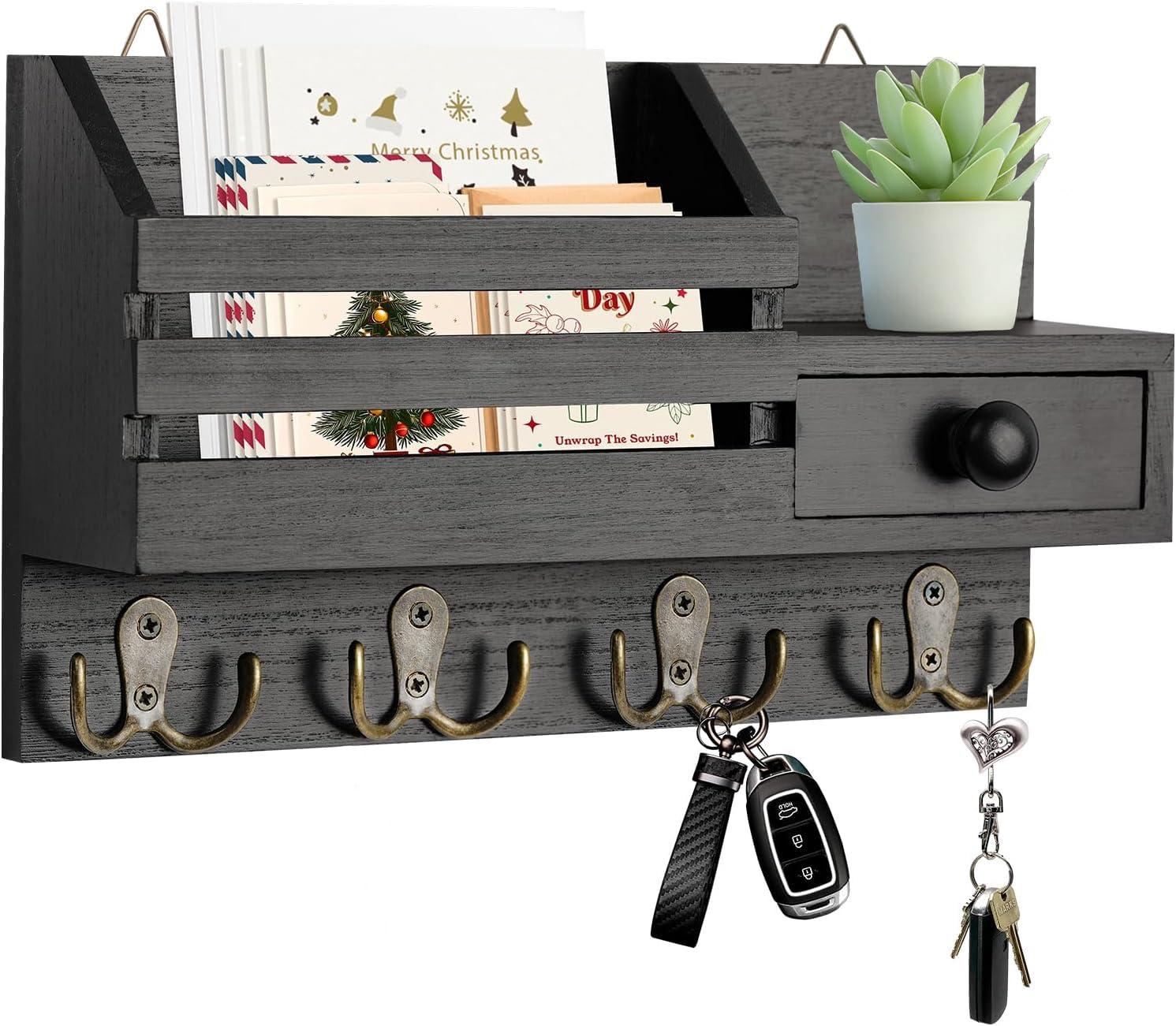 Appendi Chiavi a Muro con Cassetto Portaoggetti, Appendi Chiavi Ingresso con 4 Doppio Ganci, Portachiavi da Parete in Legno, Mensola da Parete per Casa, Ingresso, Ufficio - Nero