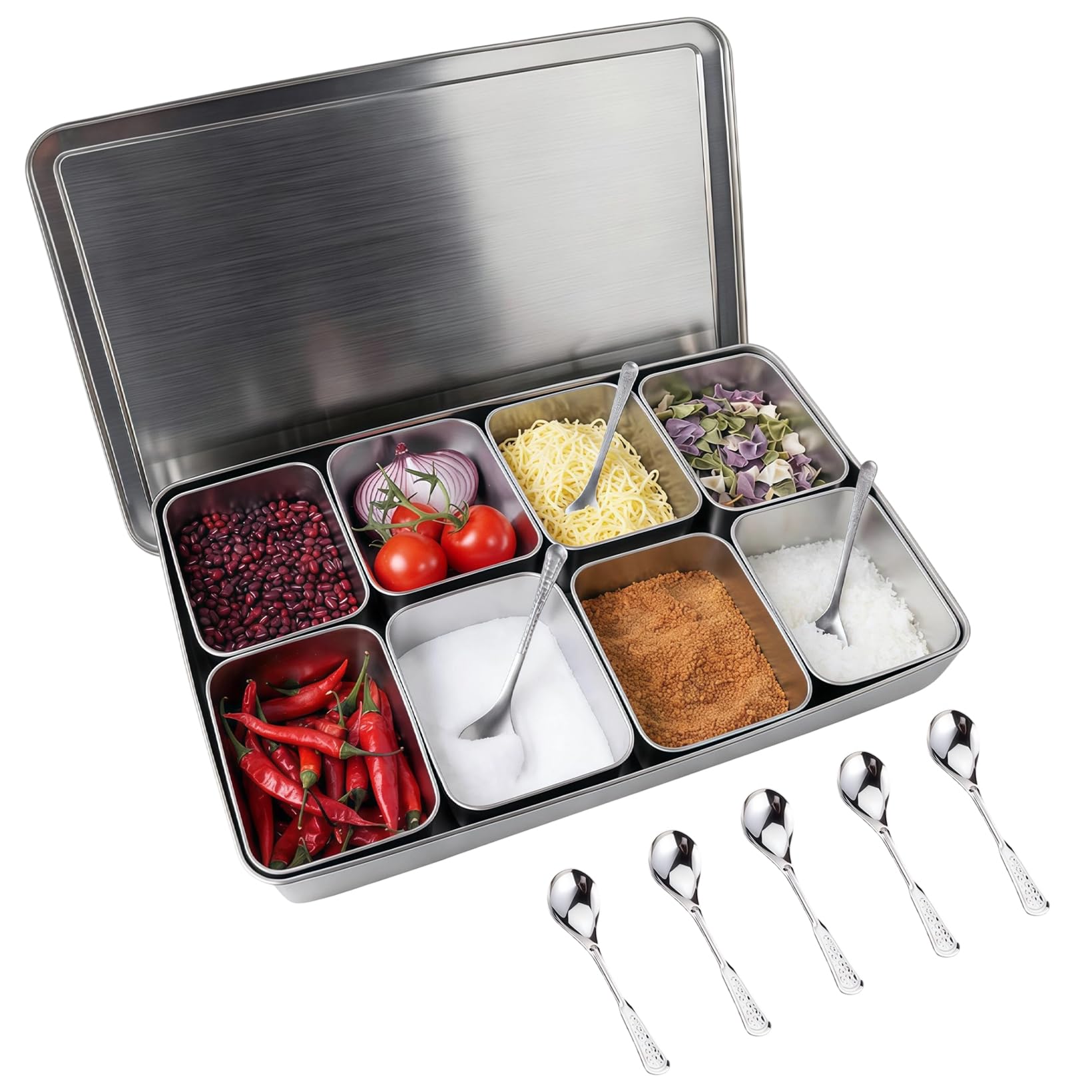 8 Gitter Pizza Zutatenbehälter, Zutatenbehälter Edelstahl mit Deckel und 8 Esslöffel, Pizza Topping Station fur für Gastro & Küche Gastro Behälter
