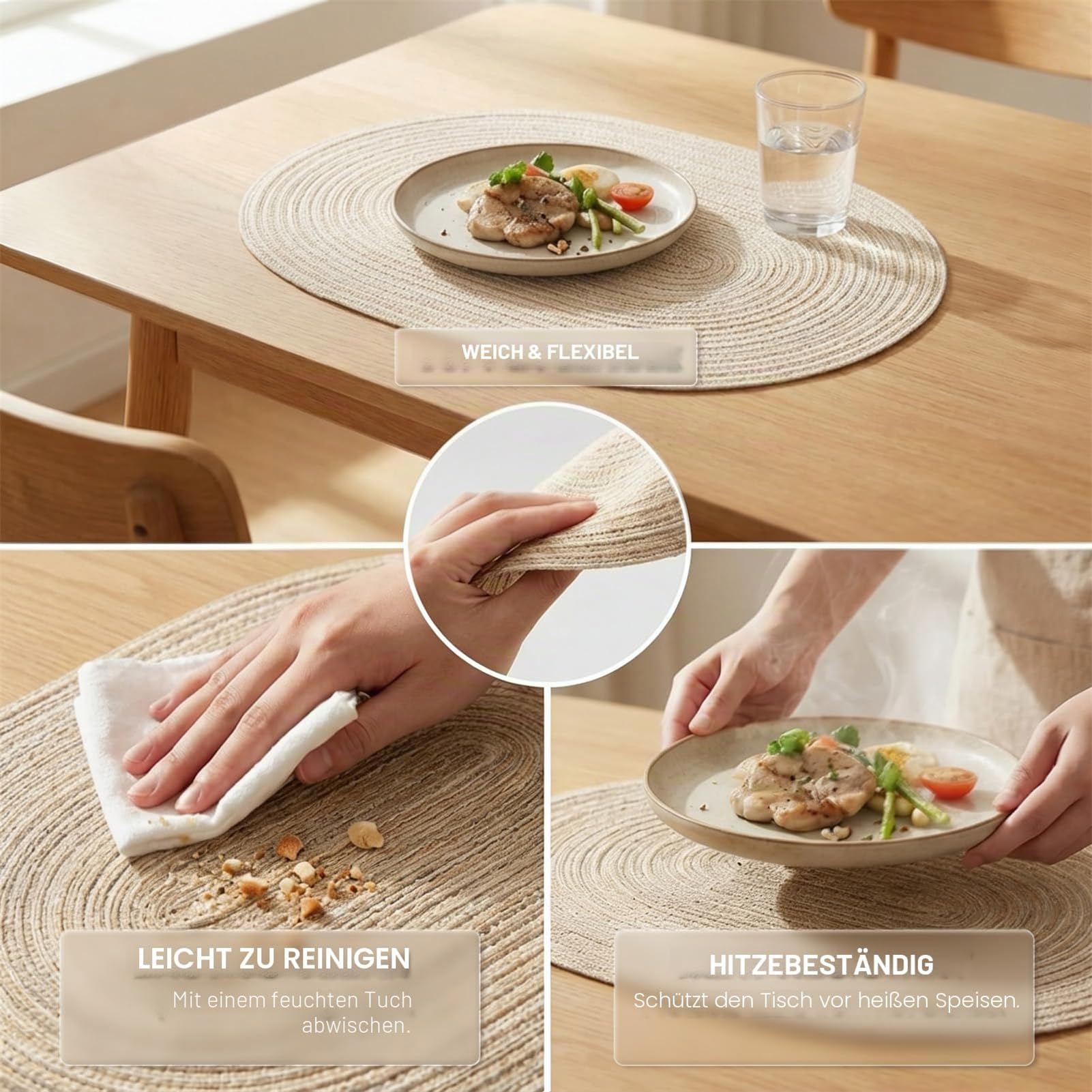 Tovagliette ovali intrecciate, 30,5 x 45,7 cm, 6 pezzi, per tavolo da pranzo, tessuto naturale, resistenti al calore, ovali, beige