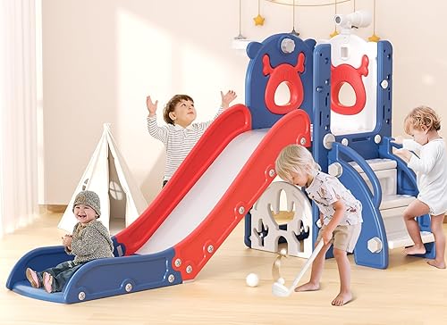 Miniatura 9 de YUFU Tobogán 7 en 1 para Niños para Niños Pequeños, Conjunto de Juego de Tobogán para Niños Pequeños con Golf, Escalador, Aro de Baloncesto y