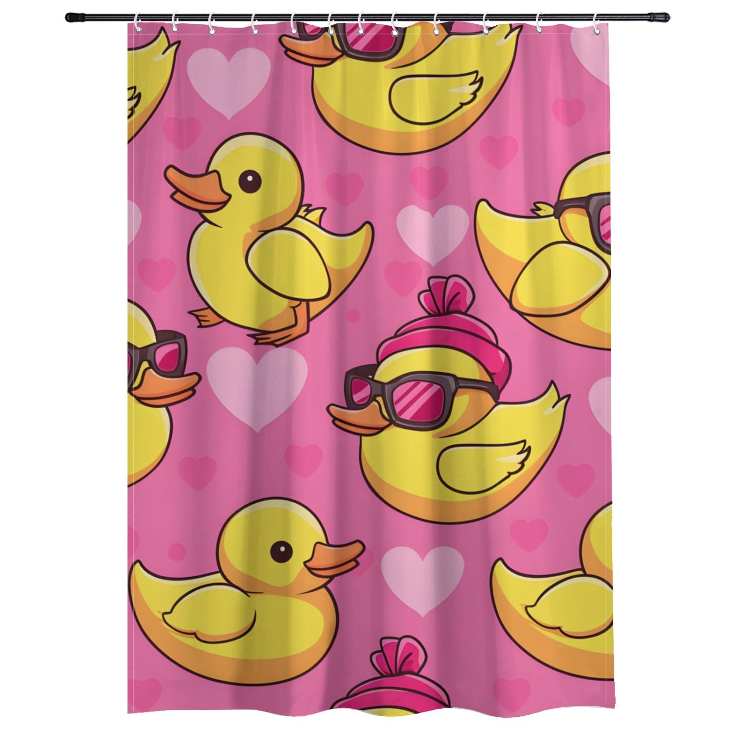 Pink Hearts and Yellow Duck Shower Curtain Mould Free Washable Waterproof Wet Room Shower Curtain with Hooks Polyester Fabric Bath Curtain Funny Bathroom Curtains 180×180cm Home Decor