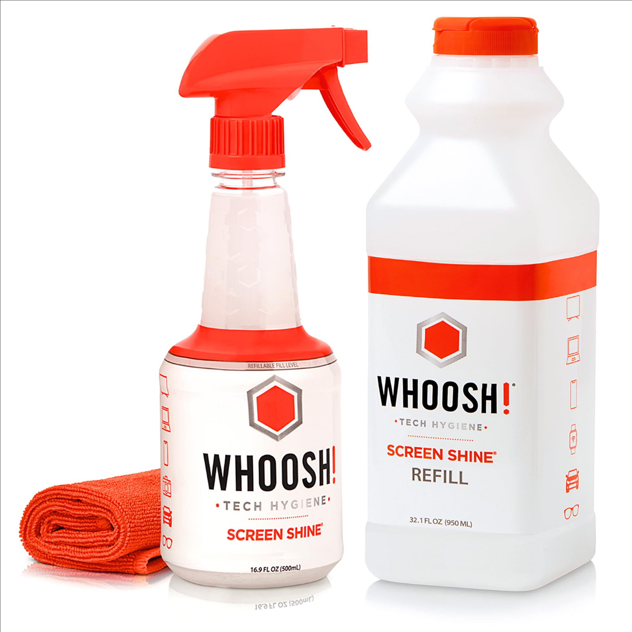 WHOOSH! Großes Bildschirmreiniger-Spray und Wischtuch - Kit, 500ml + 1 Mikrofaserreinigungstuch und Nachfüllflasche (Bundle) - Für TV, Laptop, MacBook, iPad, Telefon, Kamera, Touchscreen