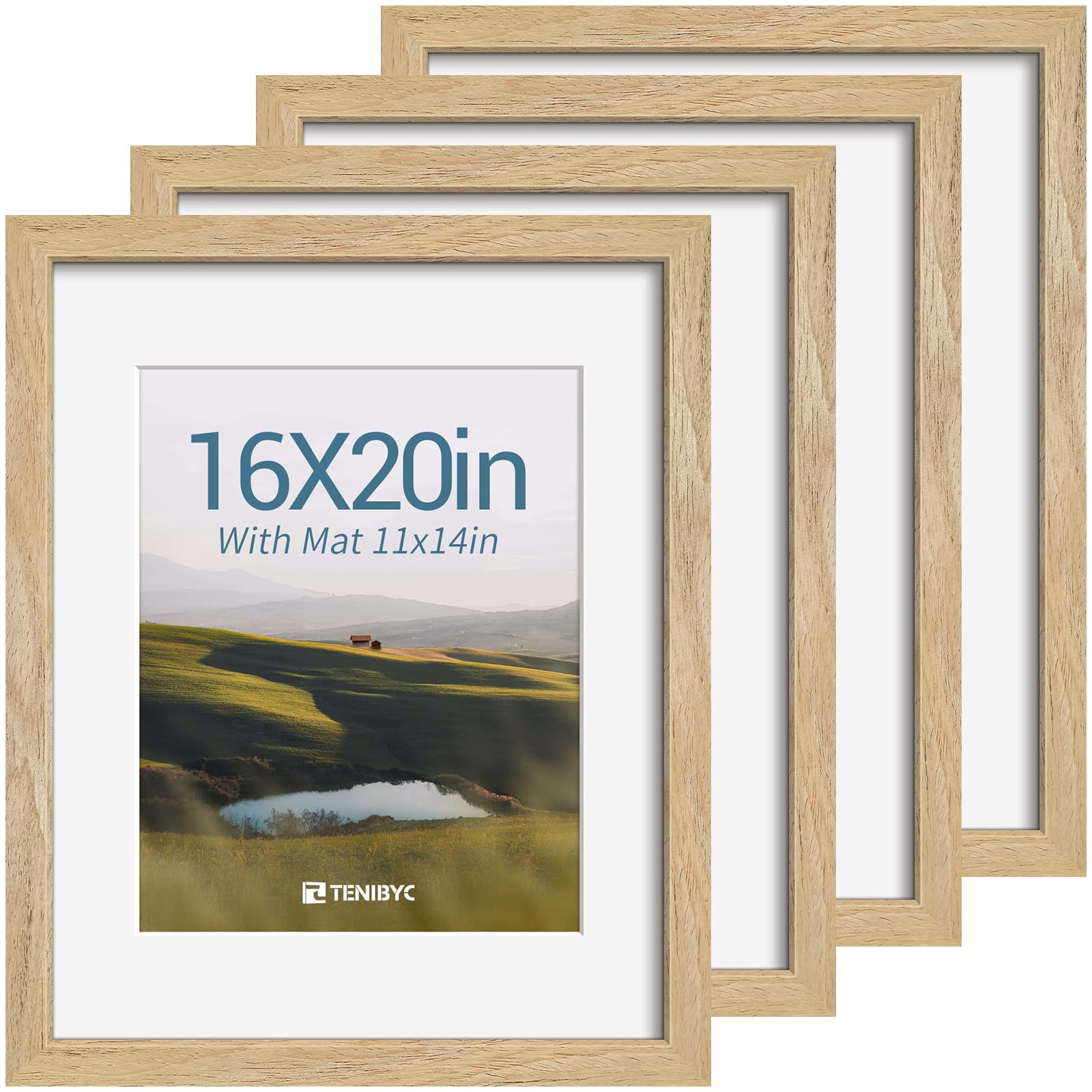 Photo 1 of 16x20 Picture Frame Set - 4 Pack, Natural Solid Wood Photo Frames - Tempered Glass - Displays Photos 11x14 with Mat or 16 x 20 without - Room, Office, Gallery, Studio, and Hallway Decor - Wall Hanging