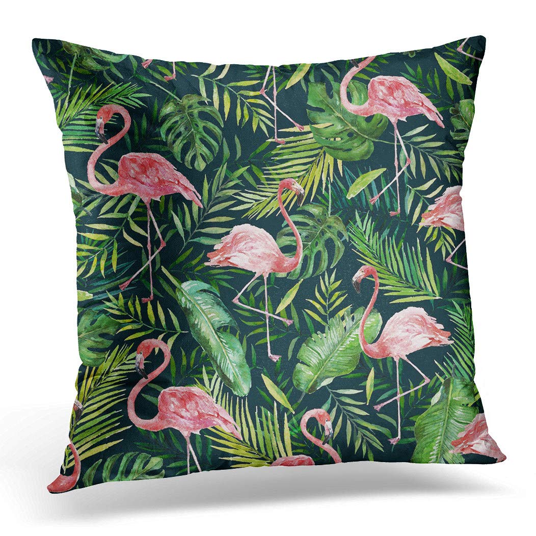 Awowee Color 14 Cushion Cover 40X40cm/16X16inches Pink Green Palm Leaves And Flamingo Watercolor Tropical Jungle Home Decor Throw Pillow Cover Square Pillowcase For Bed Sofa