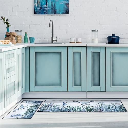 Miniatura 2 de Bencailor Juego de 2 tapetes de cocina con diseño de océano navideño, ballena, caballito de mar, antideslizantes, impermeables, para decoración de