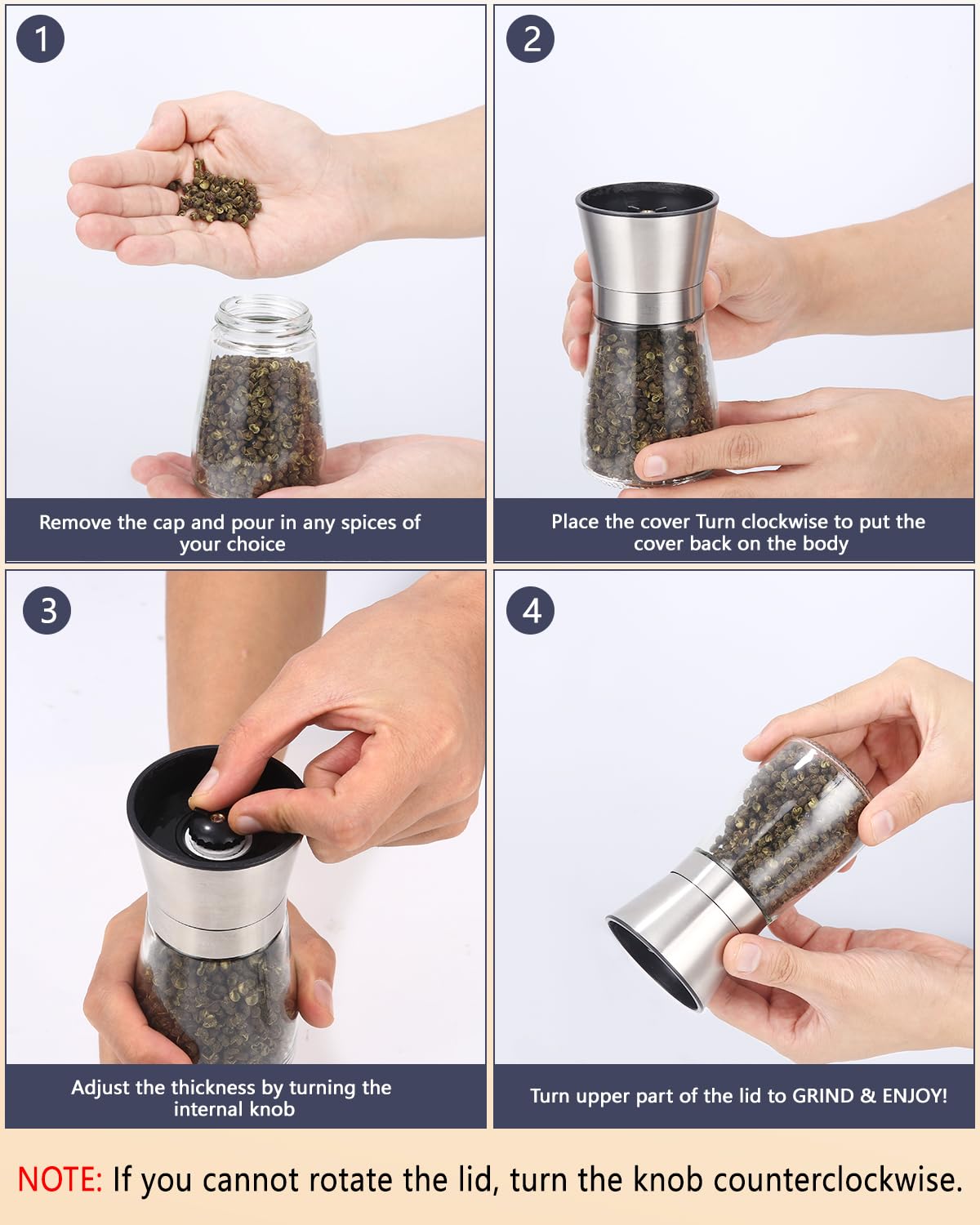 Macina Sale e Pepe manuale Set di 2 pezzi, Macinapepe in Vetro e Acciaio Inox, Macina Pepe, Macinasale, Smerigliatrice Ceramica Finezza Regolabile, strumento ideale per la cucina di casa, Pepper Mills
