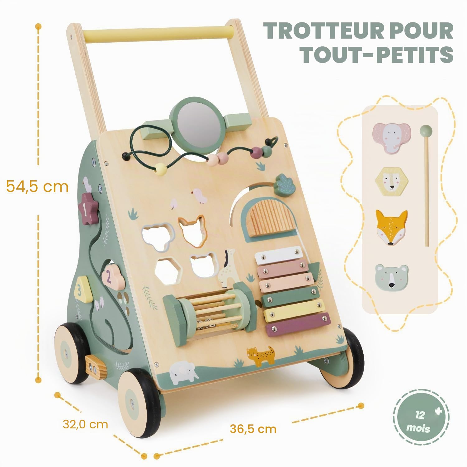 Labebe Trotteur 8 en 1 - Chariot de Marche en Bois avec Roues Caoutchoutées et Centre d'Activité pour Bébé