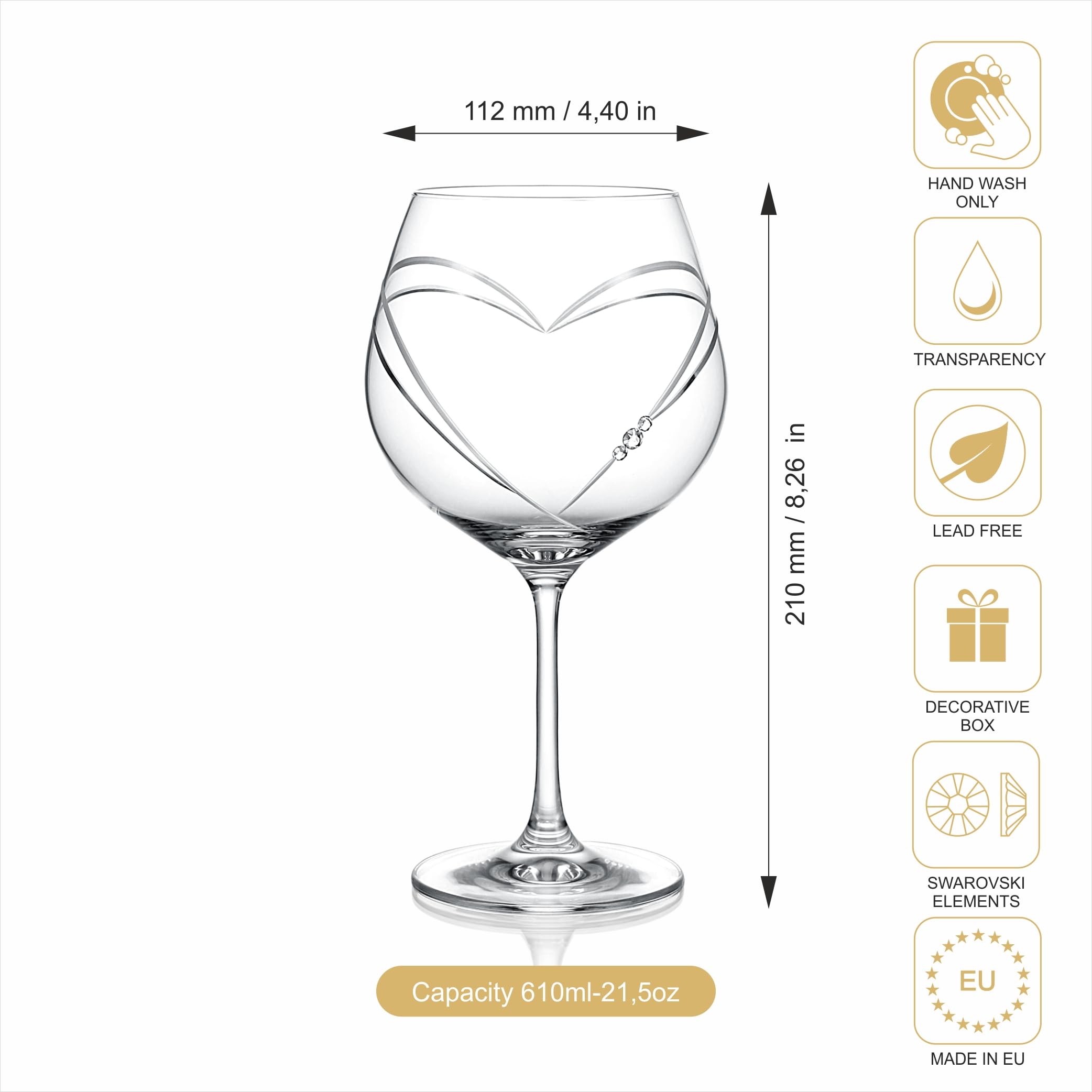 Heart in Heart Gin - Set di 2 bicchieri da gin tonic con cristalli Swarovski e motivo a cuore spazzolato a mano, perfetti come regalo di matrimonio o fidanzamento