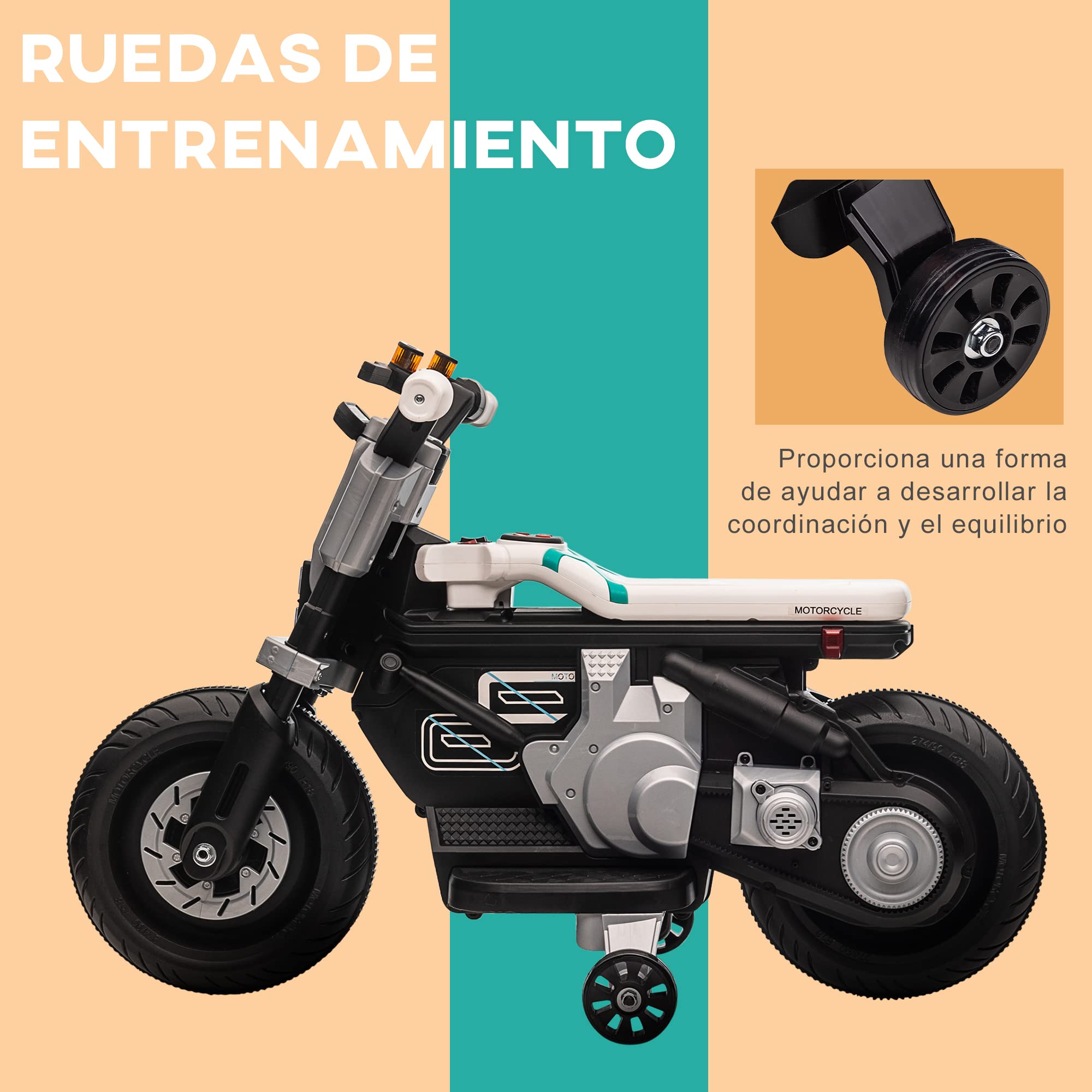 HOMCOM Moto Eléctrica para Niños de 3-5 Años 86x44x58 cm Negro y Blanco | Moto de Batería 6V, Faros, Música, Bocina, Velocidad 3 km/h, Avance Retroceso, Ruedas Auxiliares, Carga 25 kg