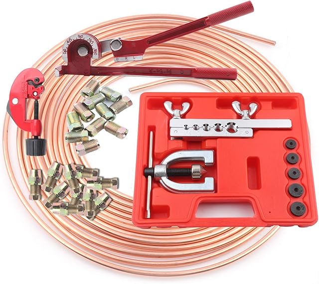 Trintion Brake Pipe Flaring Tool Kit 3/16" Brake Line Repair Kit 25FT Car Brake Line 10mm Replacement Cutter Bender Brake pipe cutting machine pipe bender flaring tool joint for Car Braking System