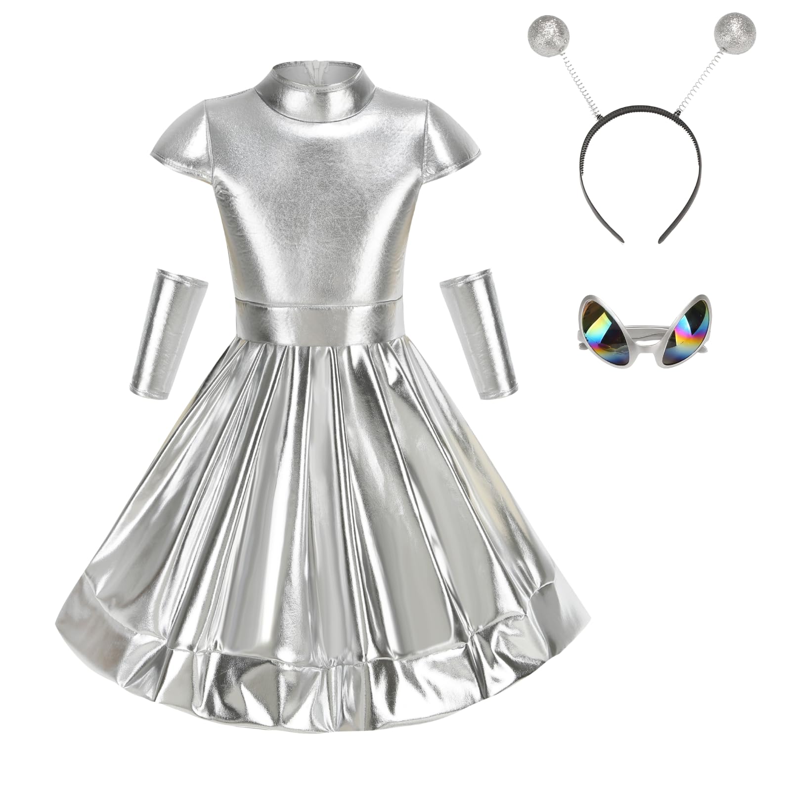 RRCBMD Kids Alien Costume 4PCS Silver Cosmic Galaxy Costume Girls Child Robot Outfit with Alien Glasses Halloween Cosplay M(6-7Y) — image 1