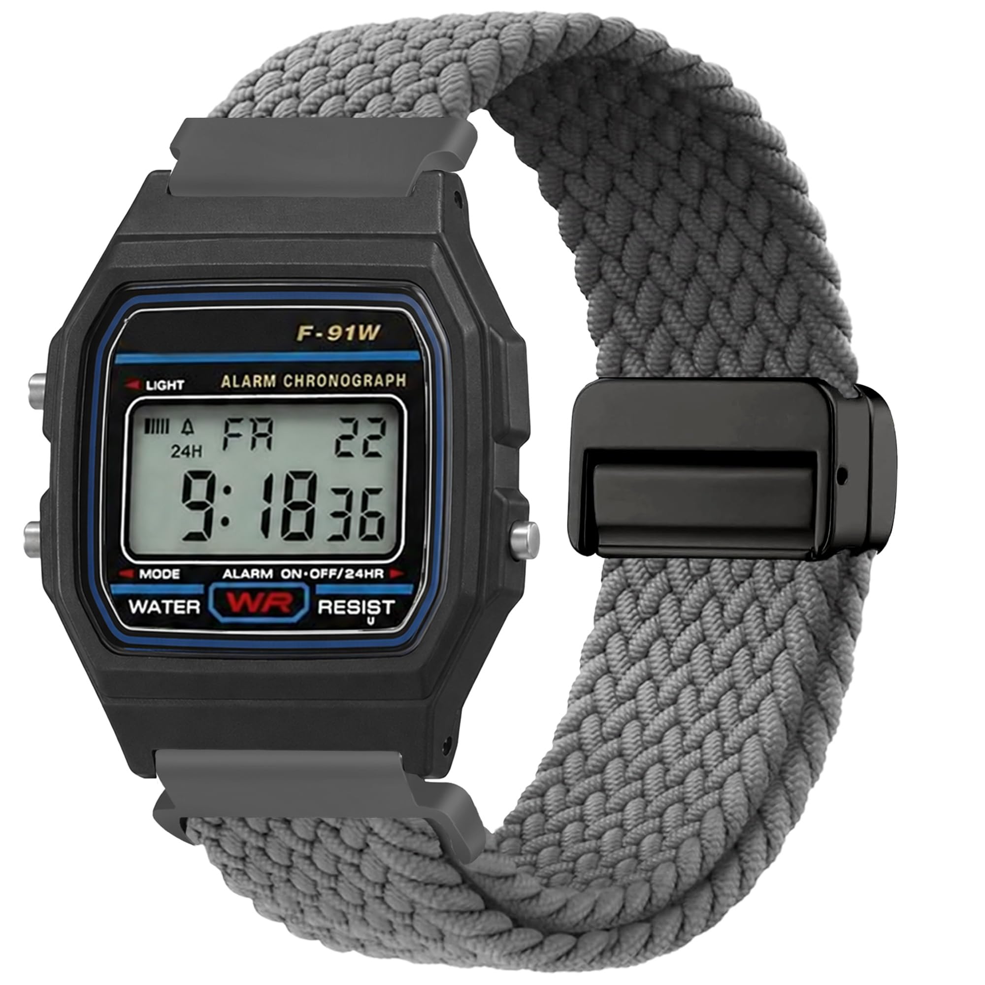 18mm Magnetic Braided Watch Band Compatible for Casio F-91W/F-84/F-94/F-105/F-108/AE-1200/W-217H/W-218H/A-158W/A-168W/SGW-300H/W-800H, Quick Release Adjustable Soft Breathable Replacement Strap