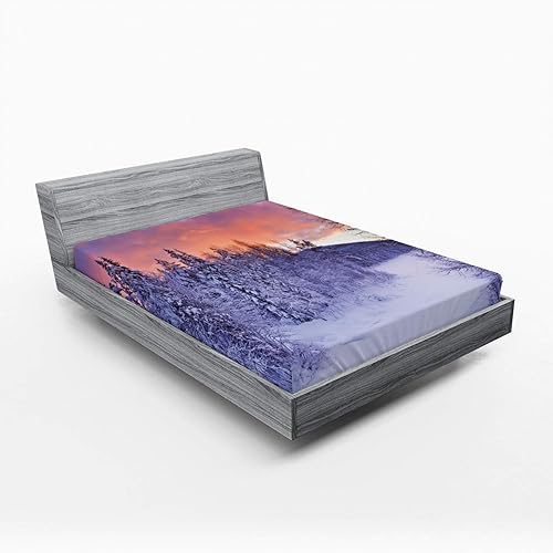 Ambesonne Winter Fitted Sheet, Frozen River in a Wintry Landscape Finnish Lapland at Sunrise Arctic Nordic Country, Bed Cover with All-Round Elastic