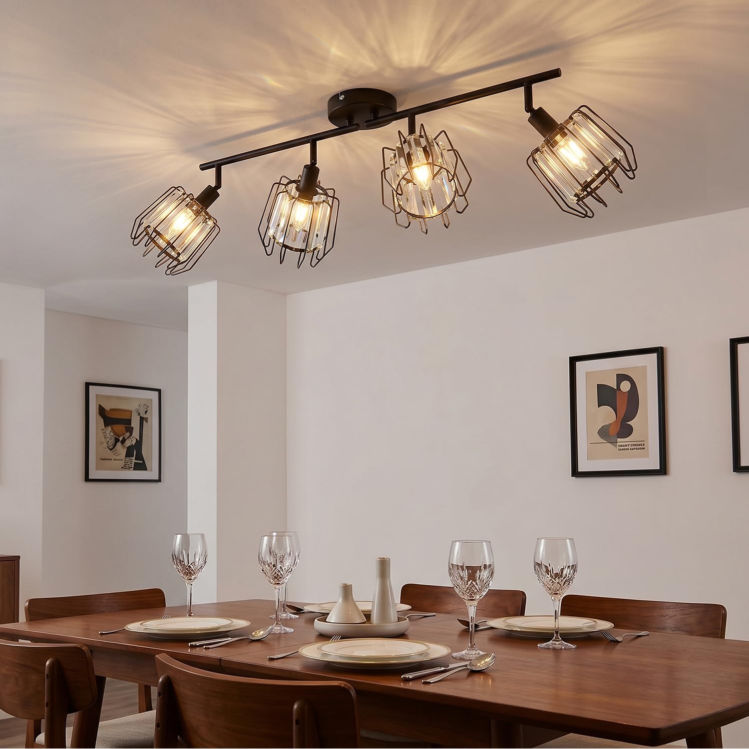 LVWIT Deckenstrahler 4 Flammig Deckenlampe Vintage - Wohnzimmer Deckenleuchte Schwarz Kristall Design Retro Strahler E14 Metall Wohnzimmerlampe Spots für Schlafzimmer Küche Flur(Ohne Leuchtmittel)