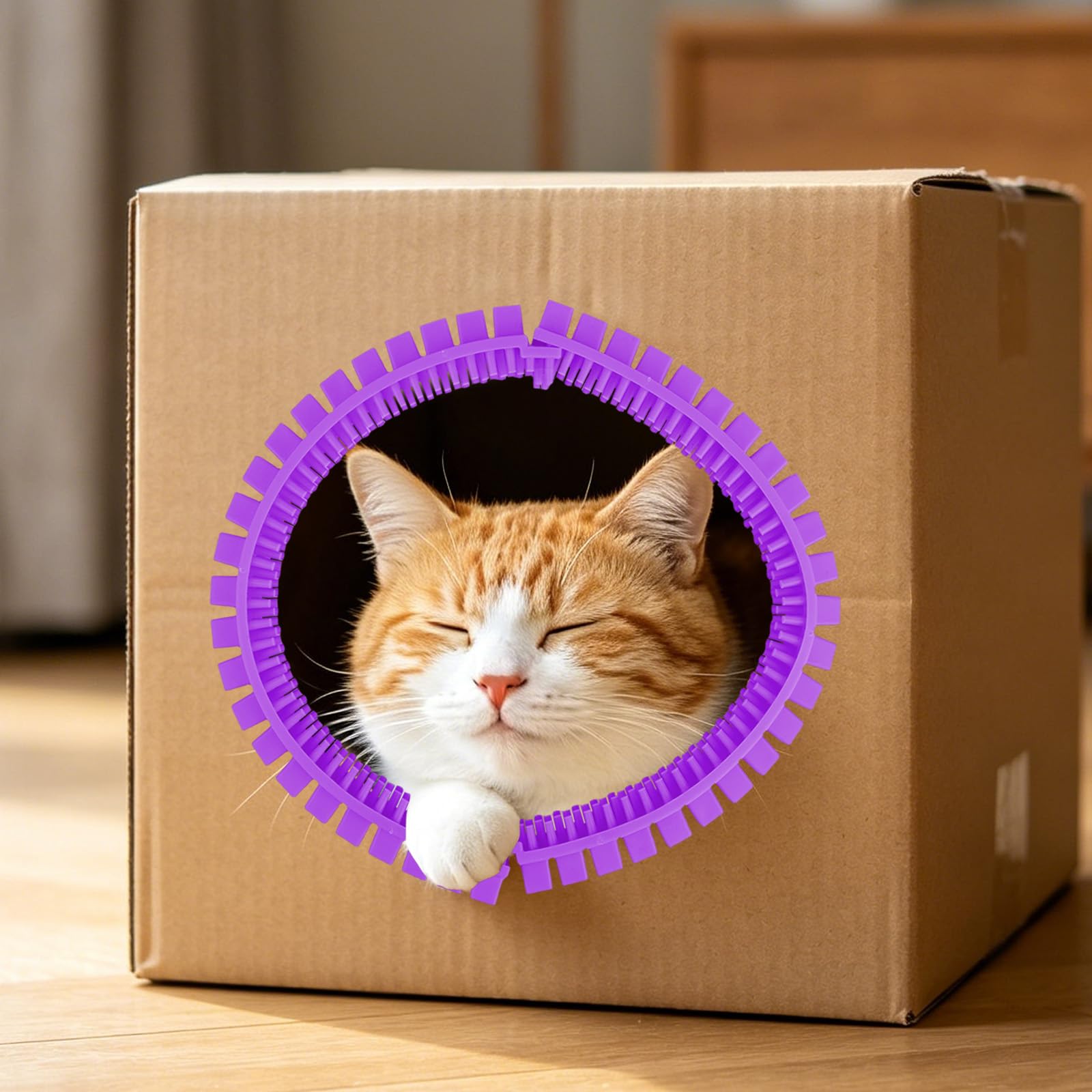 Cat Self Groomer Arch for Cardboard Boxes, DIY Tunnel Self-Grooming Brush Hole with Positioner Reduces Shedding Massage & Rubbing Toy for Indoor Cat Enrichment Fits Hideout Play Condo (Purple)