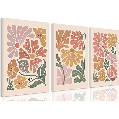 TBKHUDBI Boho Flower Canvas Wall Art Abstract Floral Pictures Prints Set of 3 Minimalist Botanical Painting Poster Flower Market Aesthetic Wall Decor for Living room Bedroom 12