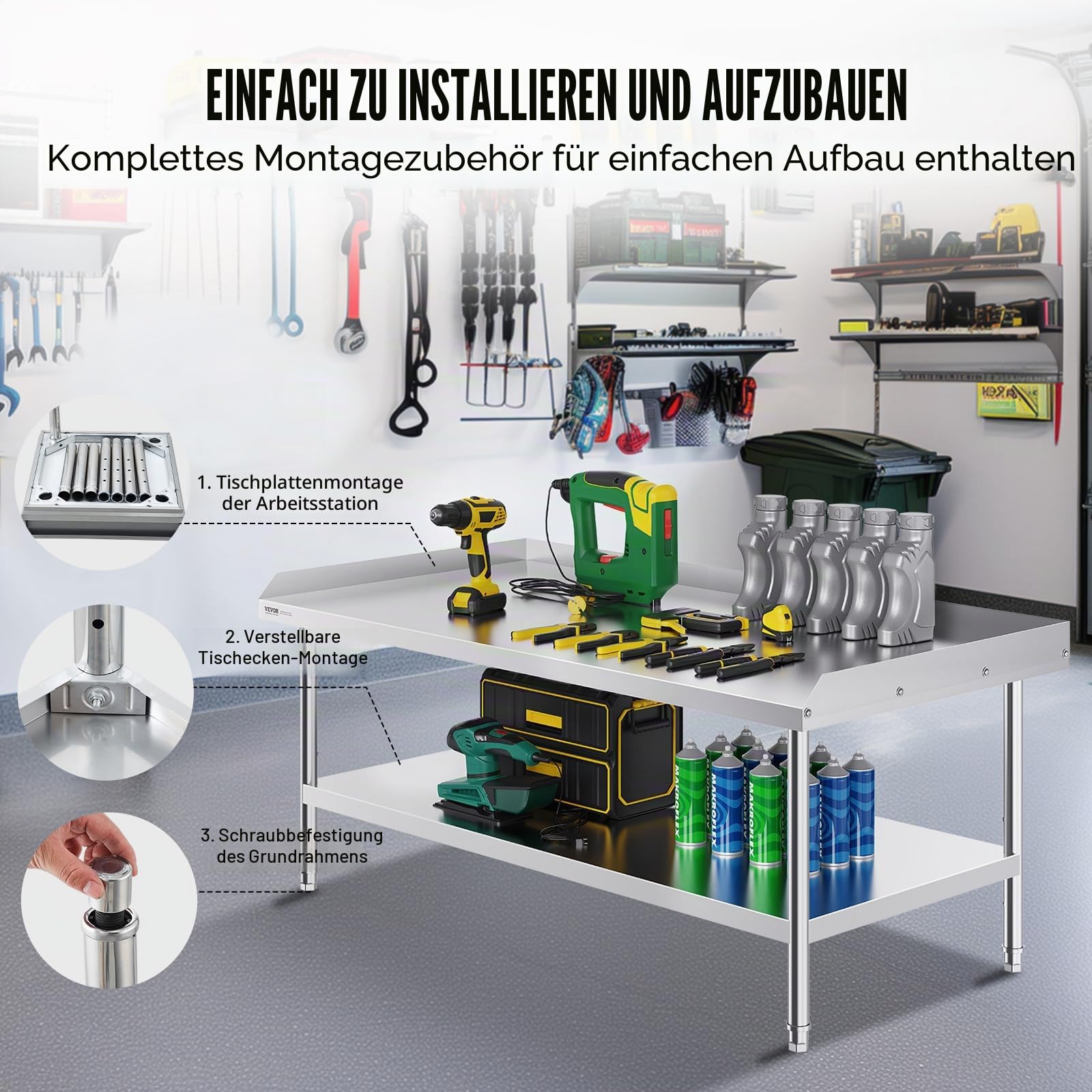 VEVOR Arbeitstisch Edelstahl, gewerblicher Arbeitstisch zur Lebensmittelzubereitung, 3-seitiger Spritzschutz, Arbeitstisch mit Einstellbarer Höhe (762 x 1524 x 660 mm)