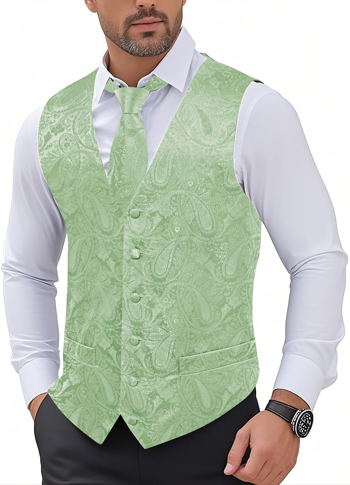 Hi-Tie Ensemble gilet et cravate pour homme avec col en V en soie cachemire formel gilet cravate poche carré ensemble pour mariage