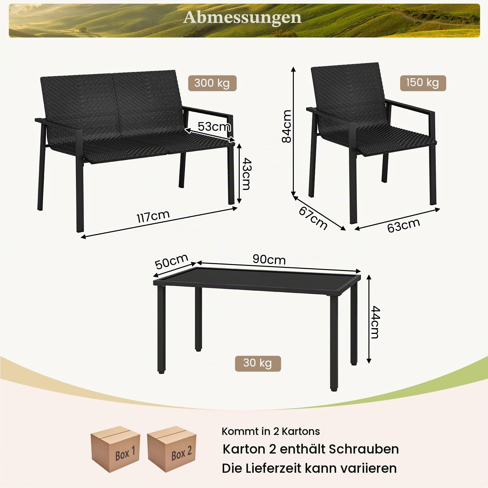 GIANTEX Gartenlounge Outdoor Möbelsets, Garten Lounge Gartenmöbel Set Polyrattan, 4 tlg. Terrassenmöbel, Sitzgruppe 4 Personen Tisch 2 Stühle Sitzbank, Balkonmöbel Kleiner Balkon, Balkonset Wetterfest
