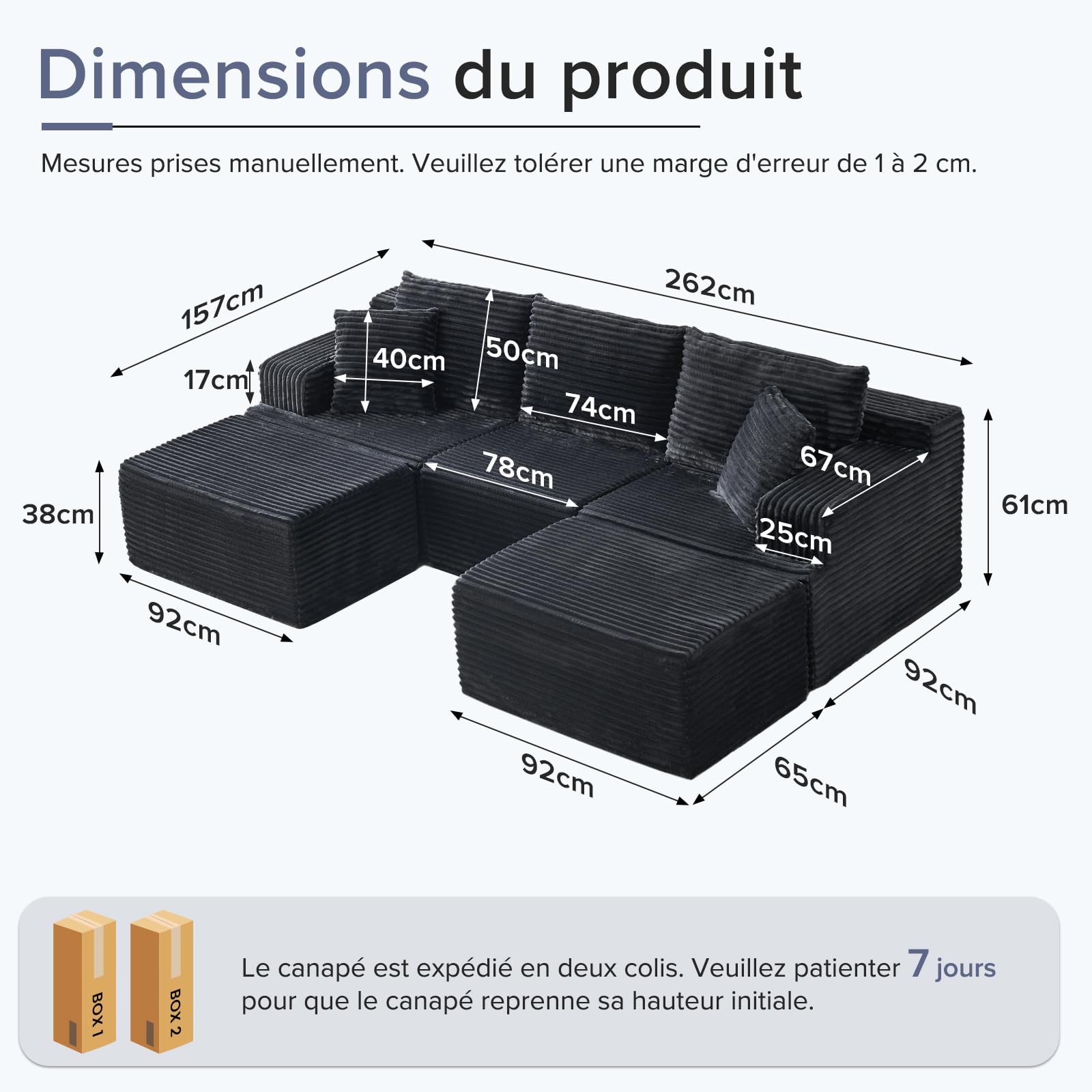 Canapé Modulable en U 262cm sans Montage Canapé d'angle, Gris