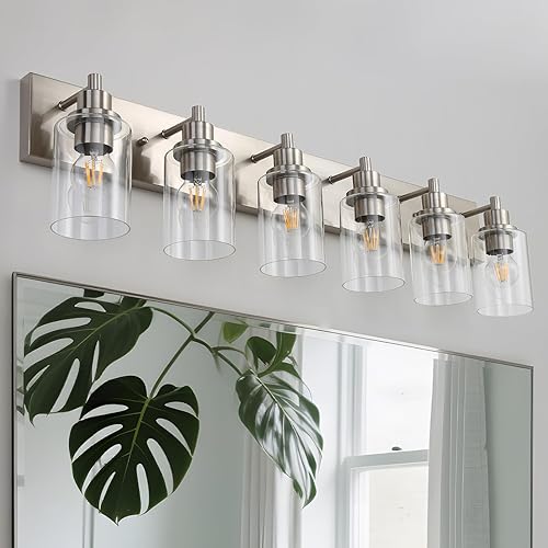 LOUSACE Lámpara de tocador de baño de 6 luces de níquel cepillado, accesorios de iluminación de baño con pantallas de vidrio transparente sobre