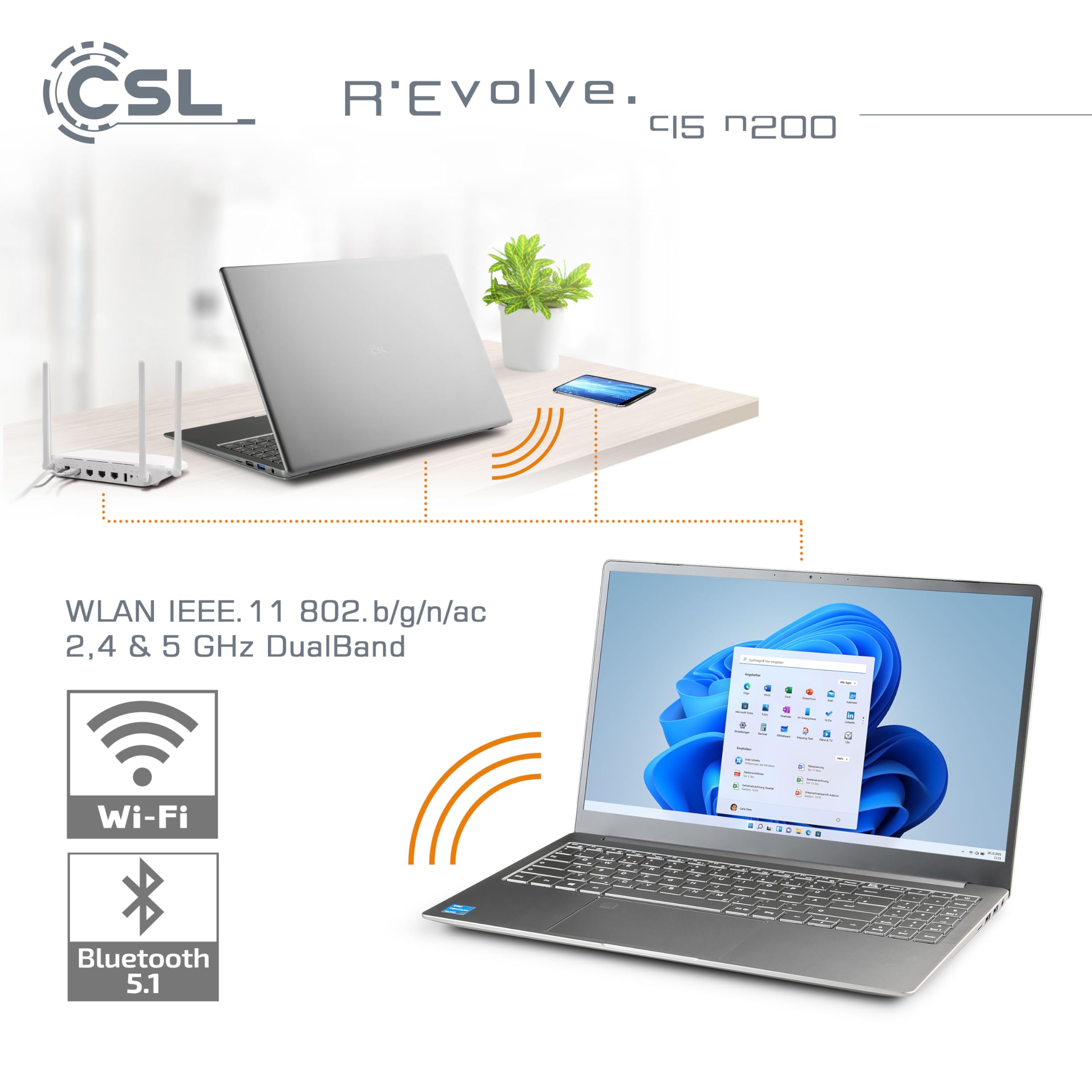 Notebook CSL R'Evolve C15 v3 Windows 11 Home - Ultra-Slim Laptop, 15,6 Zoll Display FHD 1920x1080 IPS, Intel N200 CPU 4x3700 MHz Turbotakt, 500 GB M.2 SSD, 16 GB DDR4-RAM, USB 3.2, BT 5.1, AC WLAN