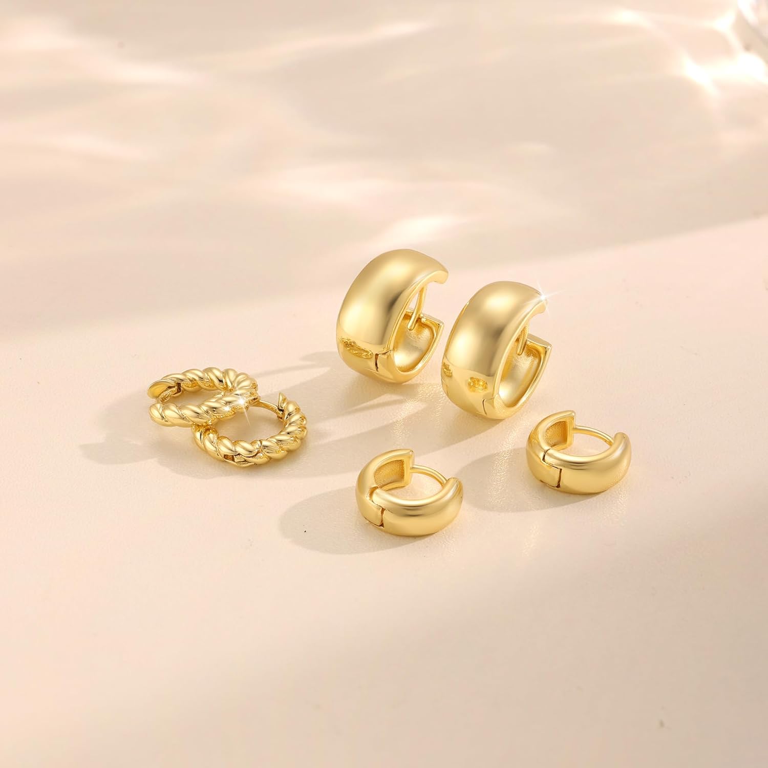 Freekiss 3 Pairs Gold Hoop Earrings Set: Dainty Stud Earrings Trendy Small 14K Gold Plated Hypoallergenic Dangle Cartilage Huggie Hoop Earrings for Women Gold Jewelry for Women Gifts - Image 4