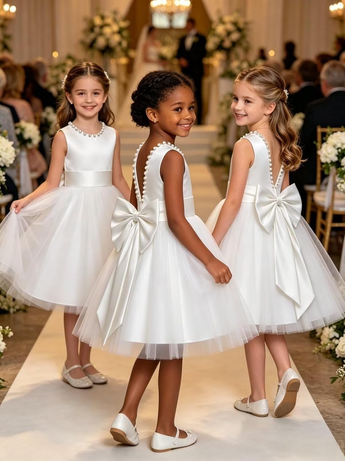 Flower Girl Dress Tulle Satin Pearls Knee Length A-Line First Communion Dresses for Girls Wedding Princess Ball Gown