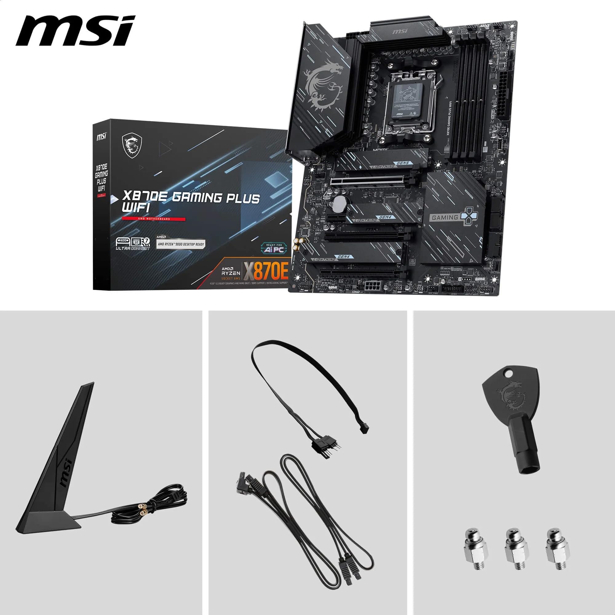 MSI X870E Gaming Plus WiFi Mainboard, ATX - Unterstützt AMD Ryzen 9000/8000 / 7000 Prozessoren, AM5-60A SPS VRM, DDR5 Memory Boost 8200+ MT/s (OC), PCIe 5.0 x16 & 4.0 x4, M.2 Gen5, Wi-Fi 7, 5G LAN