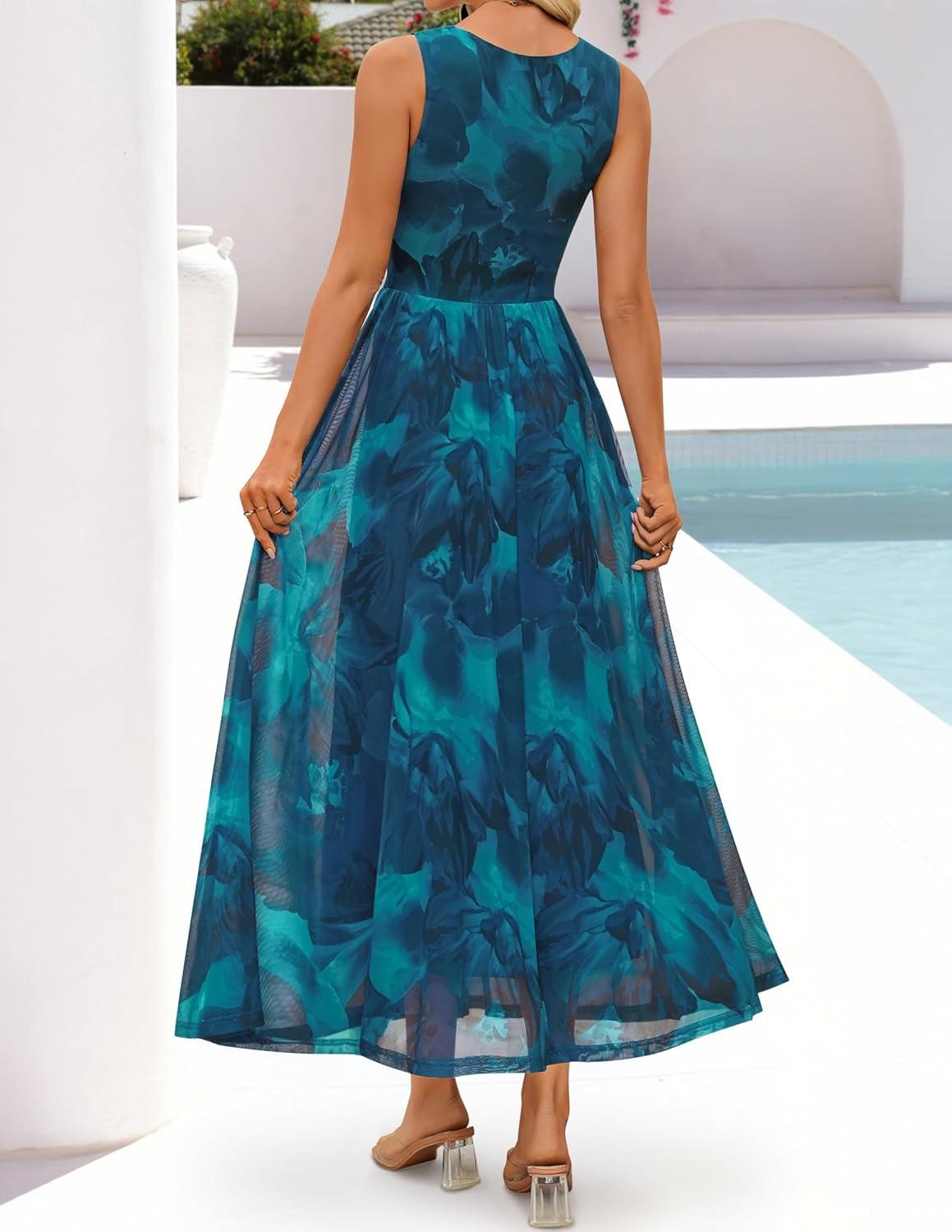 ZESICA Women's Summer Sleeveless Floral Maxi Dress 2026 Casual Crewneck Mesh A Line Flowy Boho Beach Party Long Dresses