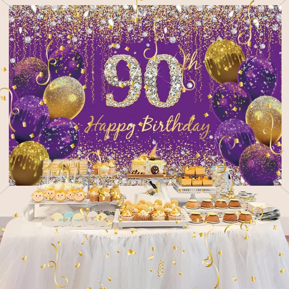 90th Birthday Decoration Women, Purple Fabric Sign Poster Birthday Party Decoration Background Banner Women, 90th Birthday Party Decoration, 59"x35.4" - Image 3