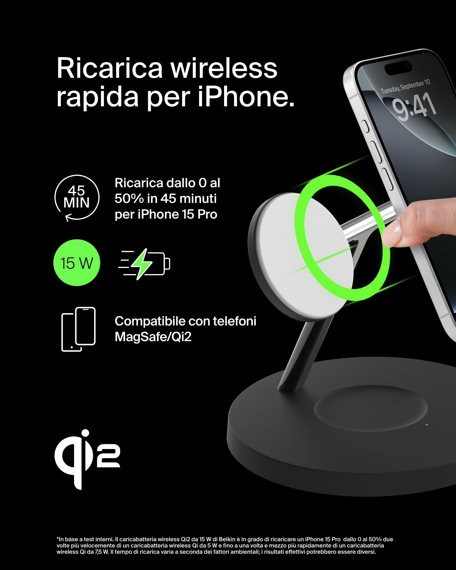 Belkin BoostCharge Caricatore 3 in 1 con Qi2, base di ricarica wireless compatibile con MagSafe, caricatore iPhone 17, Air, Pixelsnap, Apple Watch e AirPods, alimentatore incluso - Nero