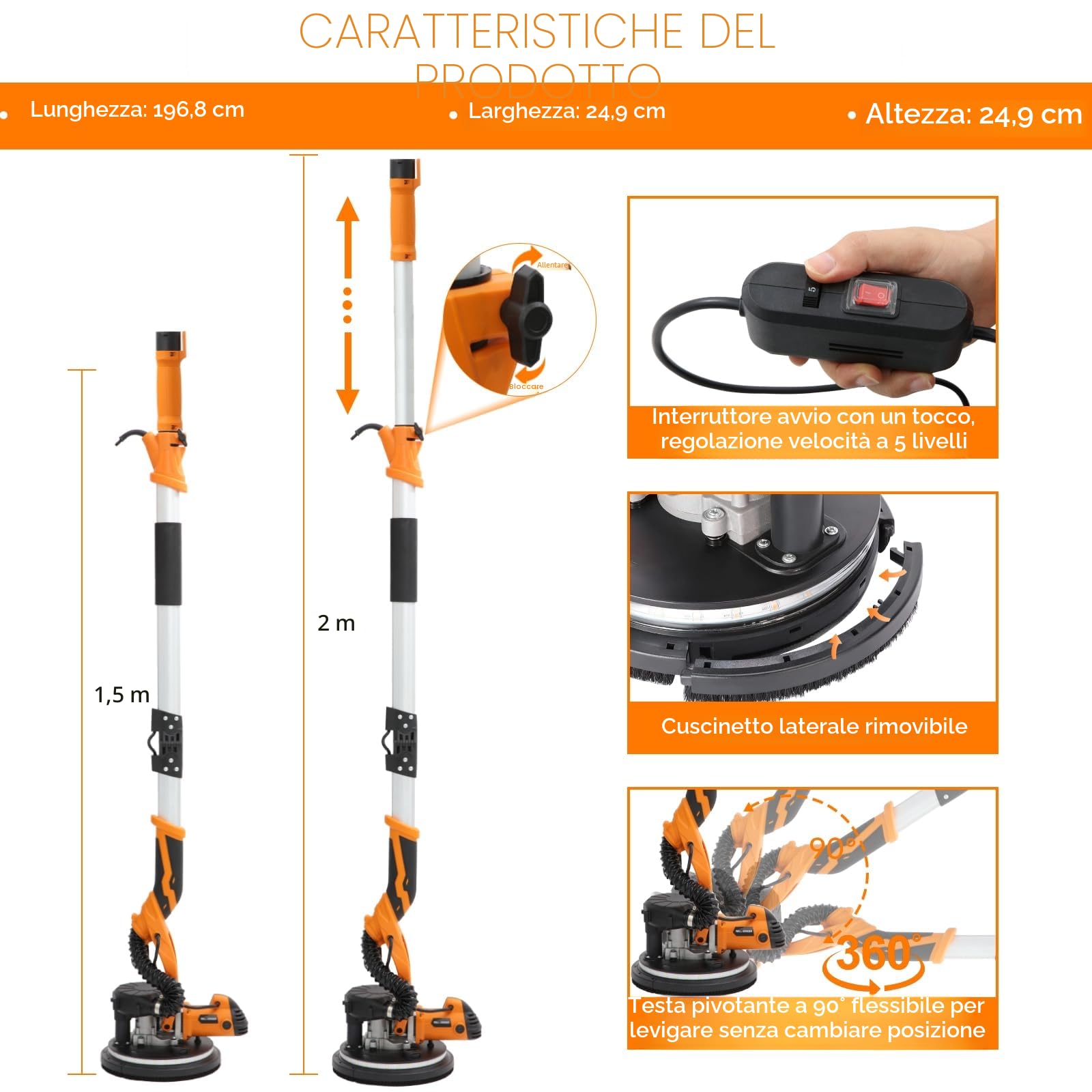 VELPAX Levigatrice per muro telescopica,1250W Levigatrice Muro con Aspiratore, 5 Velocità Variabili 800-1800 giri/minuto, Impugnatura Estensibile, Luce LED, Tubo per La Polvere Lungo