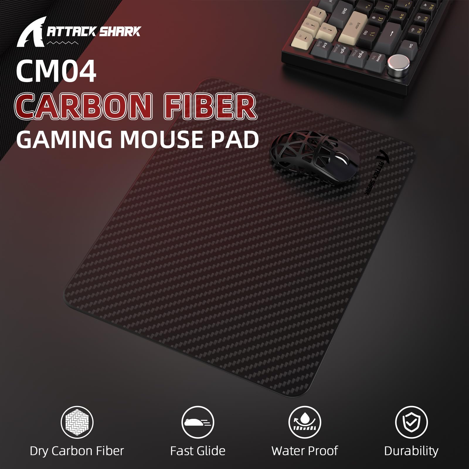 Yindiao ×Attack Shark CM04 - Alfombrilla de mouse para juegos, fibra de carbono, alfombrilla grande para teclado de computadora, alfombrilla de mouse de mesa con base antideslizante, borde cosido para