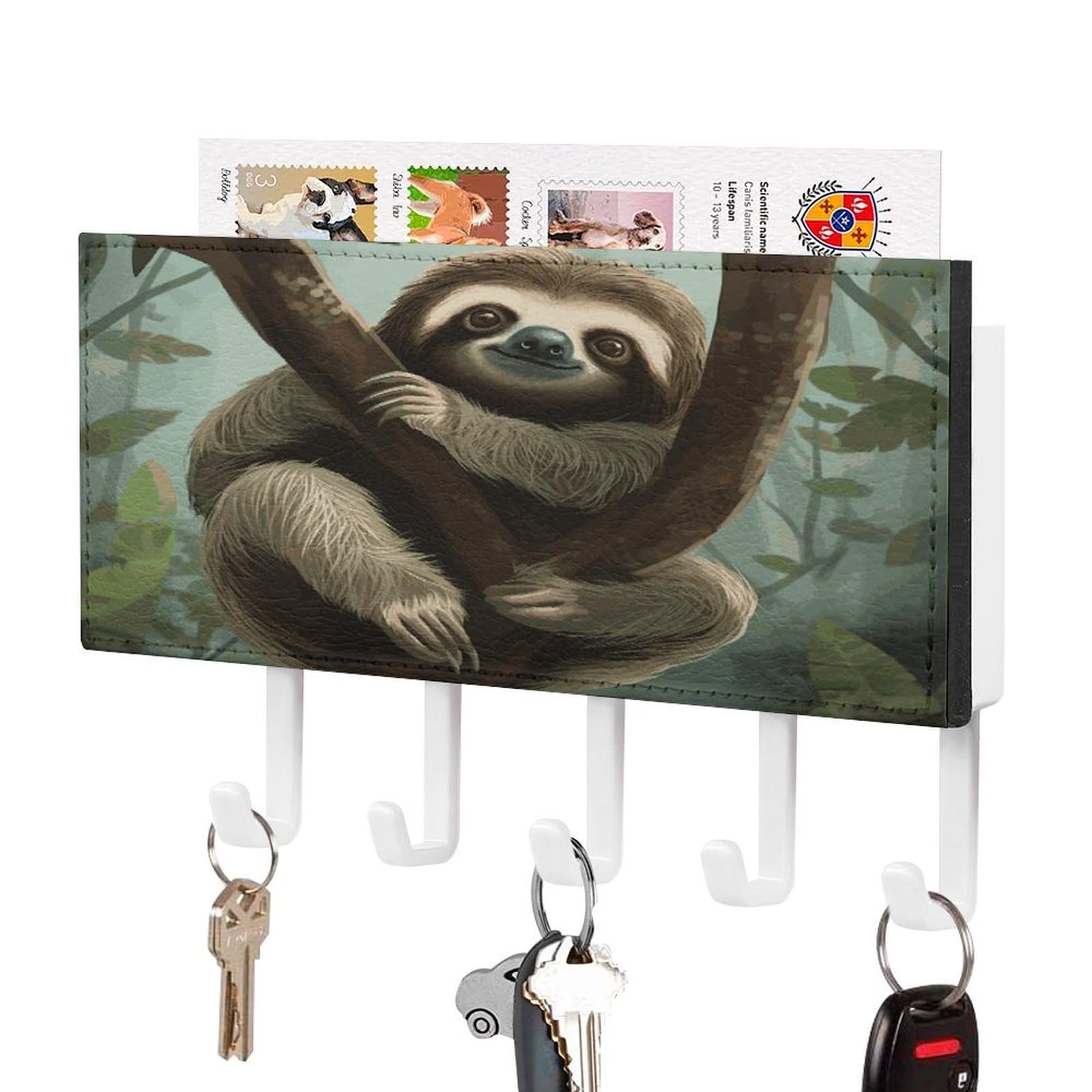 LDGSUPH Sloth2 Key Holder Wall Mount Key Hanger with 5 Hooks Fashion Key Organizer Rack Hanging Key Hooks with Mail Organizer Key Rack for Home Entryway Hallway White-Style
